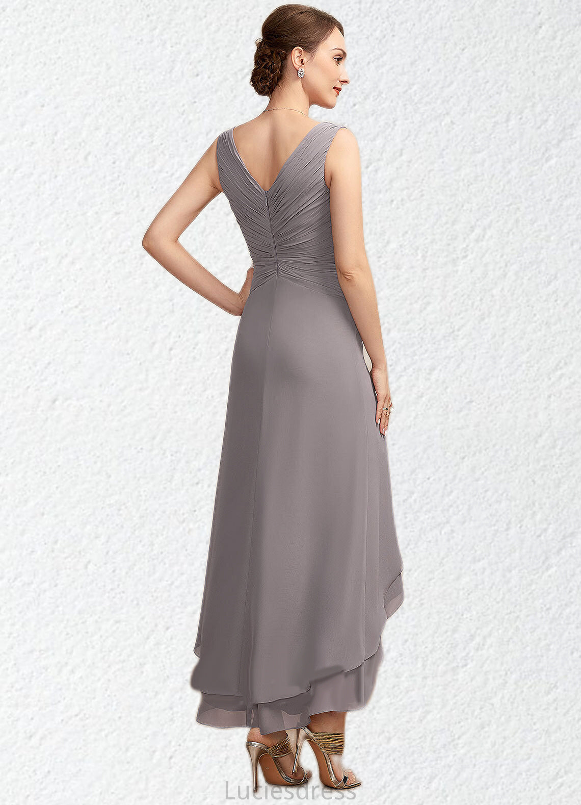 Piper A-Line V-neck Asymmetrical Chiffon Mother of the Bride Dress With Ruffle HF126P0014682