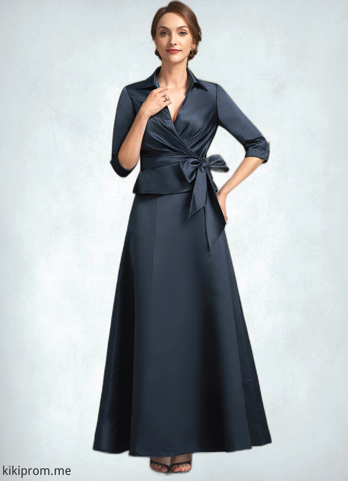 Lillian A-Line V-neck Ankle-Length Satin Mother of the Bride Dress With Bow(s) STF126P0014683