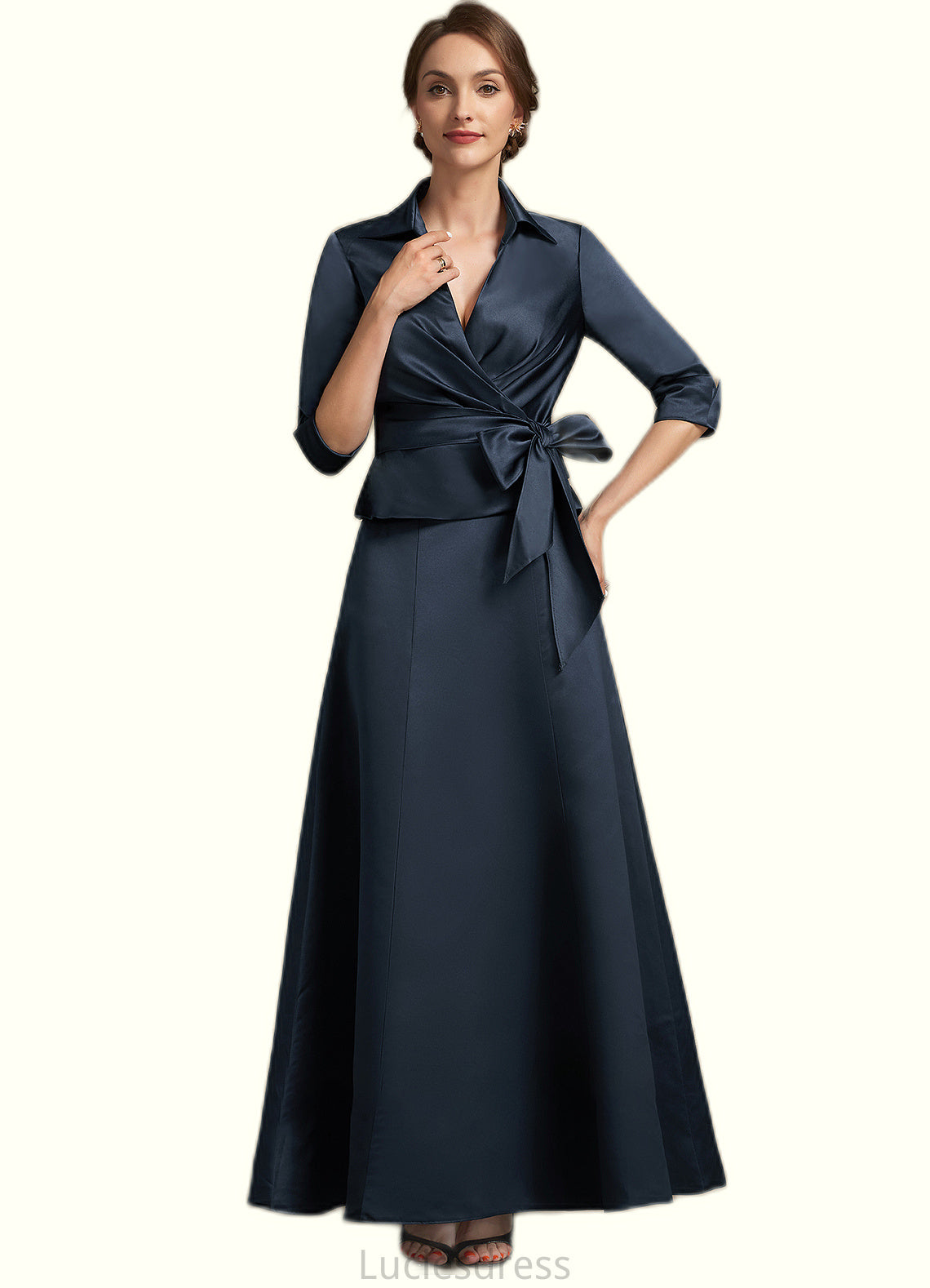 Hedda A-Line V-neck Ankle-Length Satin Mother of the Bride Dress With Bow(s) HF126P0014683