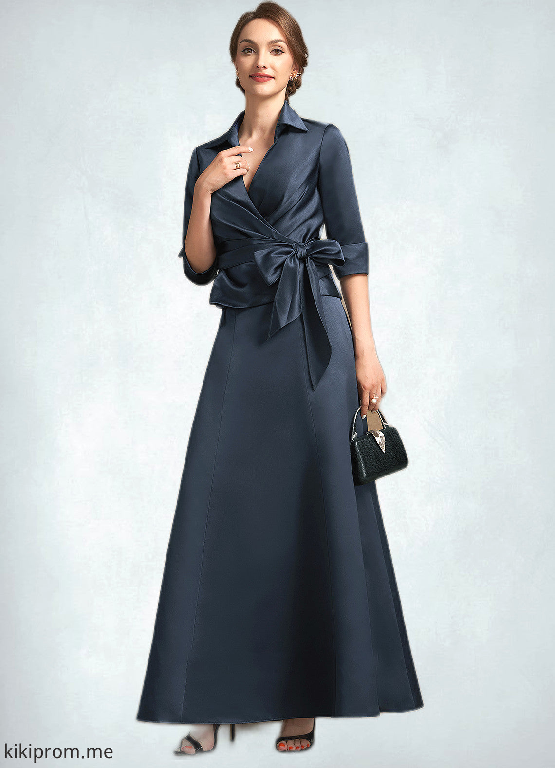 Lillian A-Line V-neck Ankle-Length Satin Mother of the Bride Dress With Bow(s) STF126P0014683