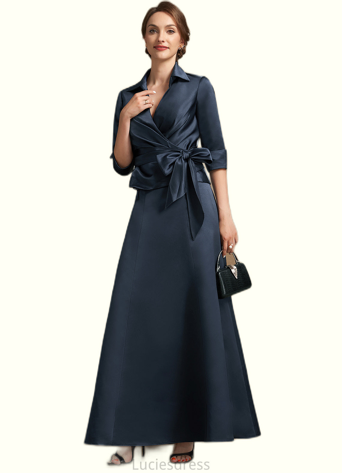 Hedda A-Line V-neck Ankle-Length Satin Mother of the Bride Dress With Bow(s) HF126P0014683