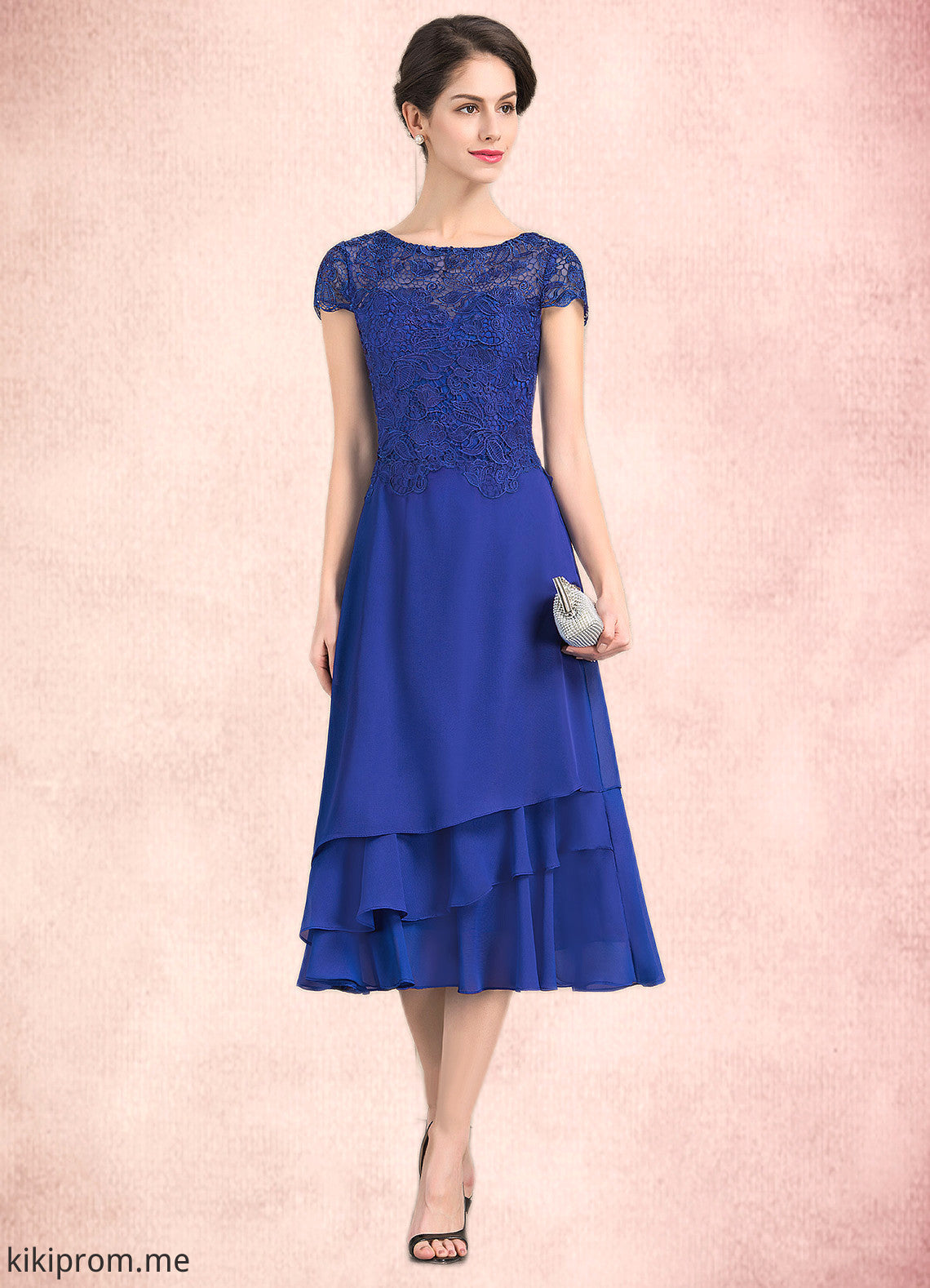 Teresa A-Line Scoop Neck Tea-Length Chiffon Lace Mother of the Bride Dress STF126P0014685