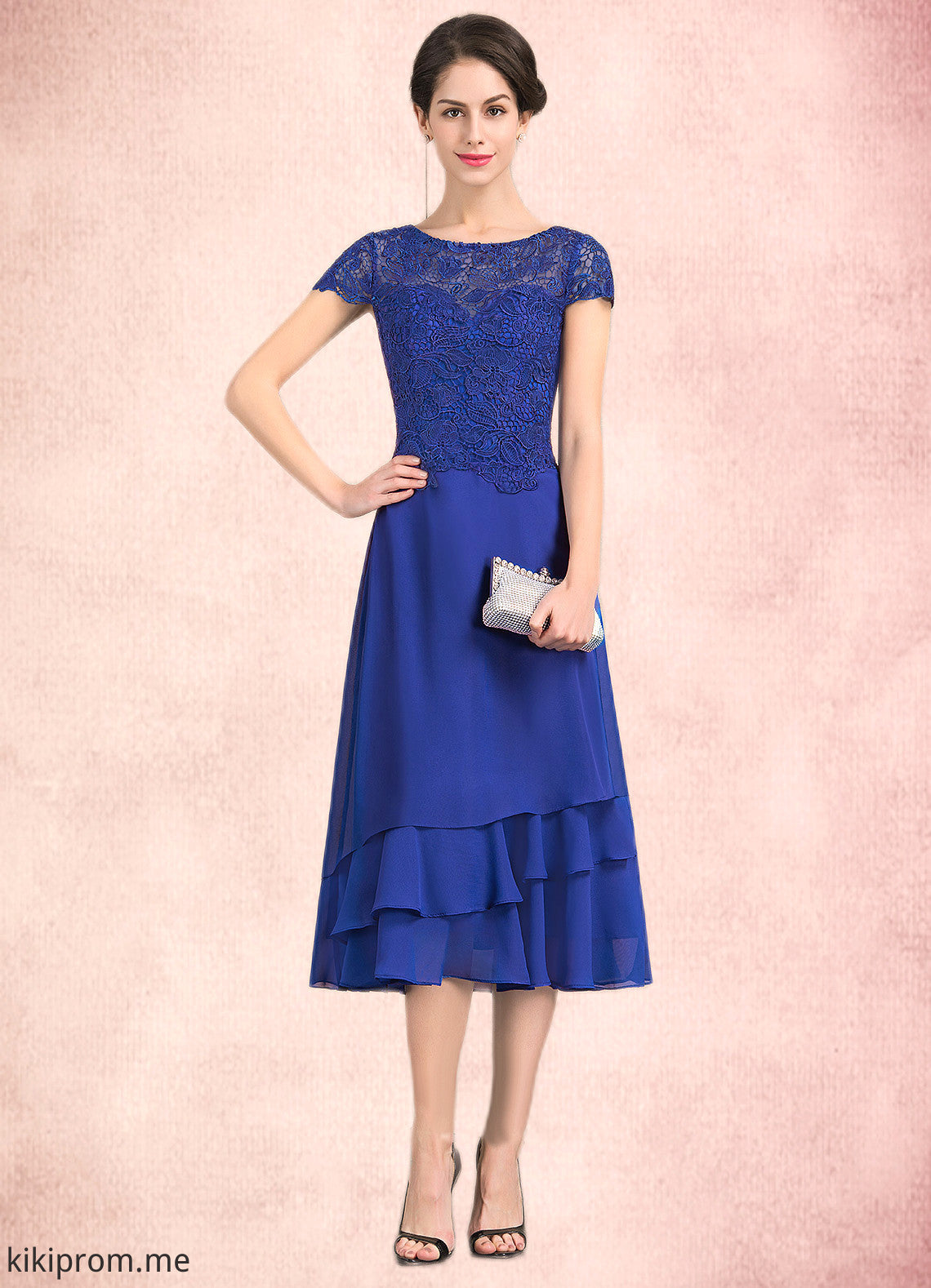 Teresa A-Line Scoop Neck Tea-Length Chiffon Lace Mother of the Bride Dress STF126P0014685