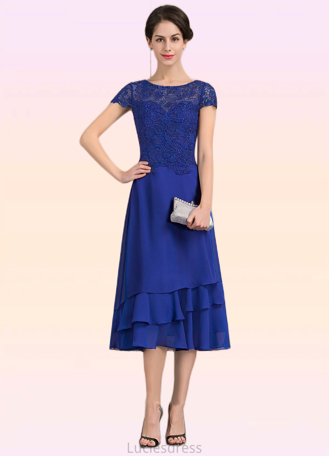 Elena A-Line Scoop Neck Tea-Length Chiffon Lace Mother of the Bride Dress HF126P0014685