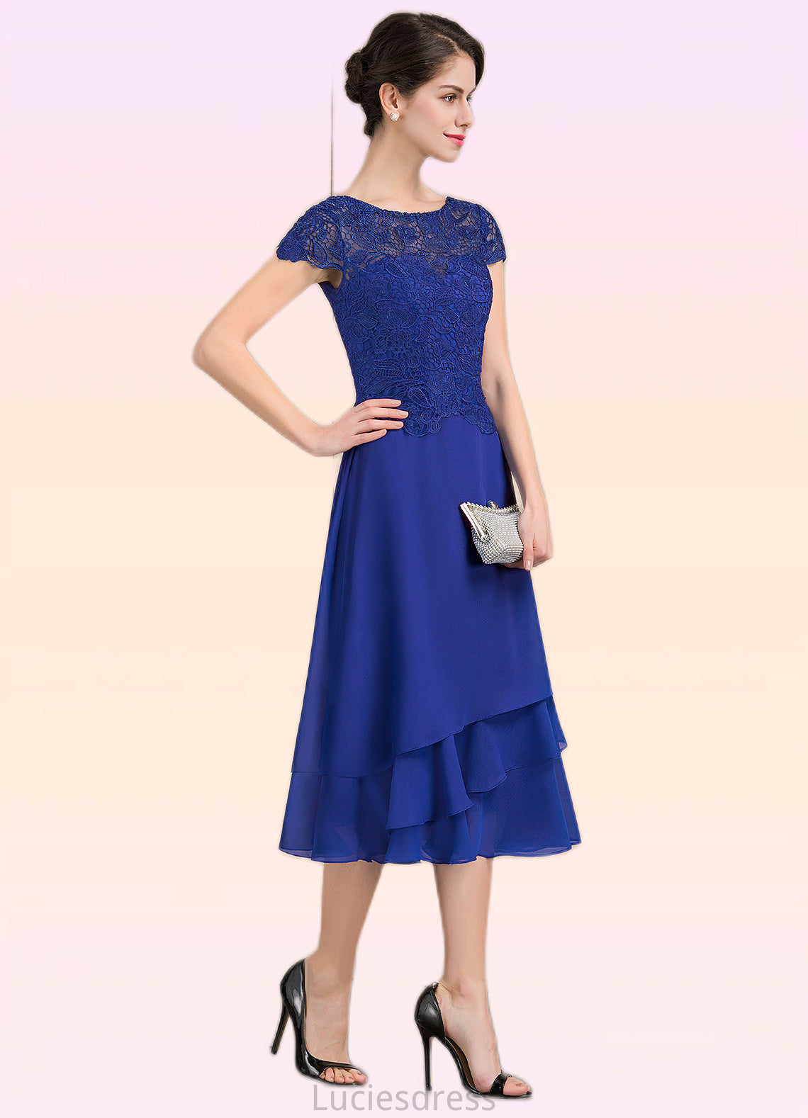 Elena A-Line Scoop Neck Tea-Length Chiffon Lace Mother of the Bride Dress HF126P0014685