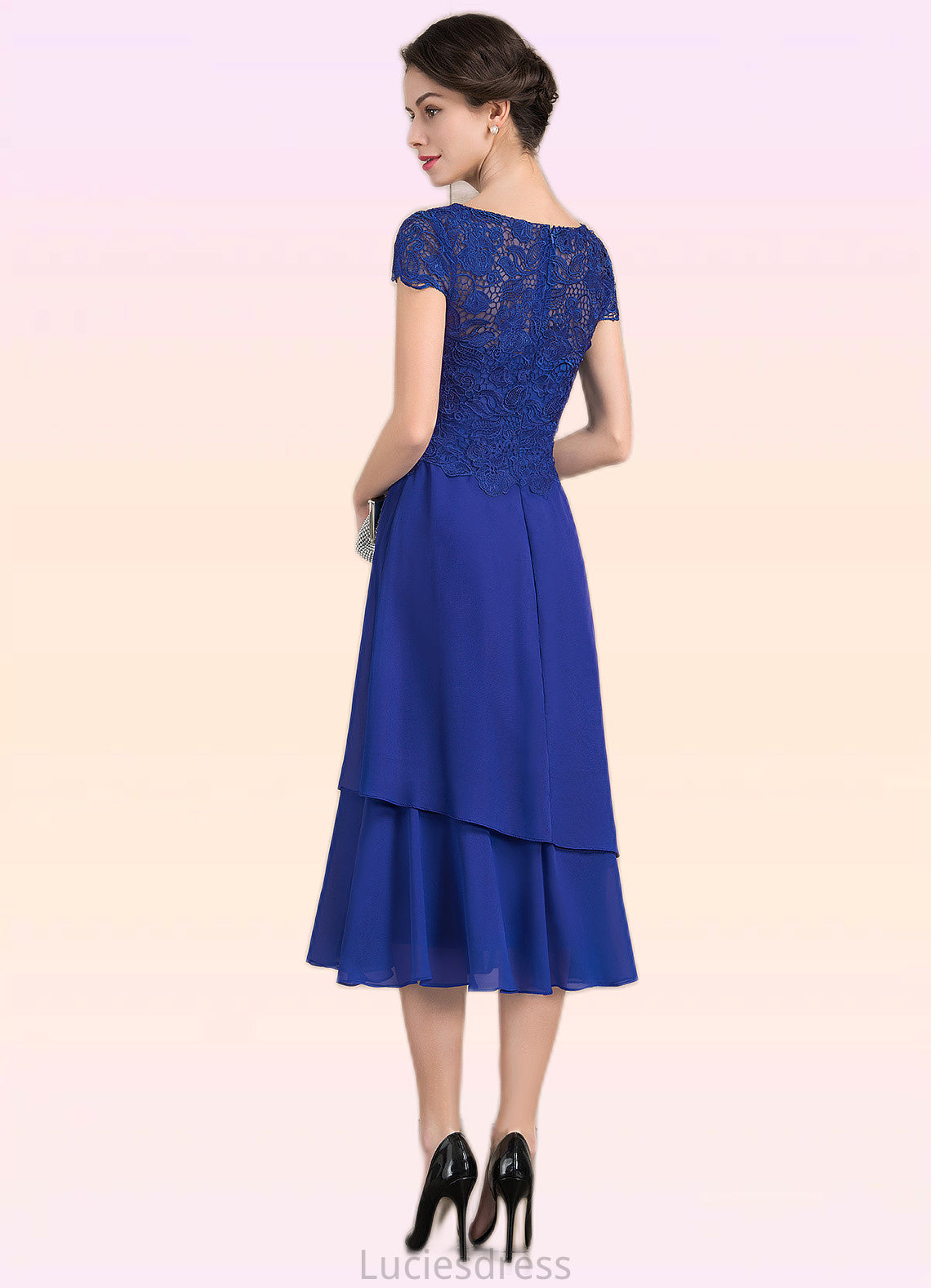 Elena A-Line Scoop Neck Tea-Length Chiffon Lace Mother of the Bride Dress HF126P0014685