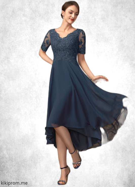 Nova A-line V-Neck Asymmetrical Chiffon Lace Mother of the Bride Dress With Sequins STF126P0014686