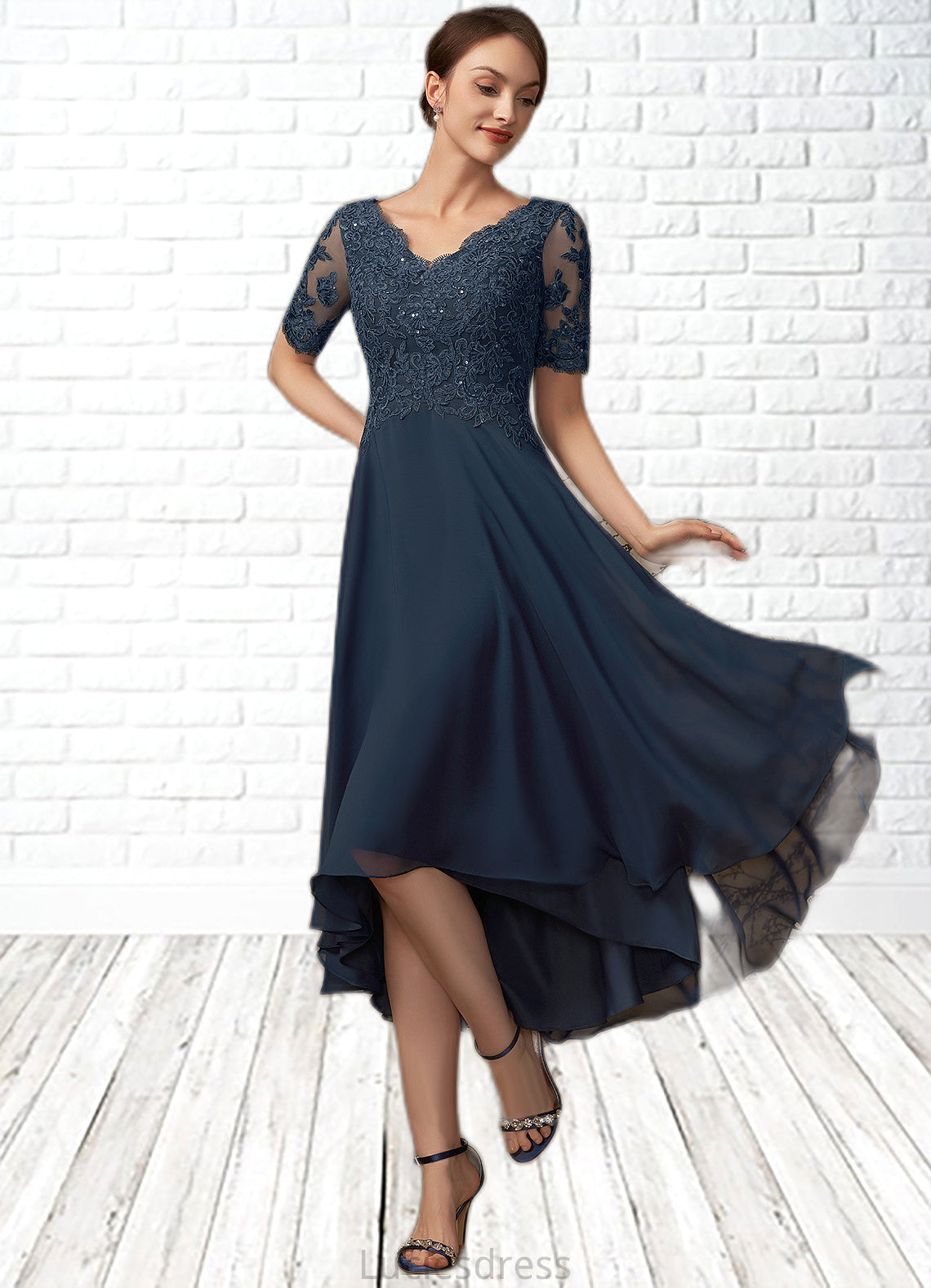 Rosalind A-line V-Neck Asymmetrical Chiffon Lace Mother of the Bride Dress With Sequins HF126P0014686