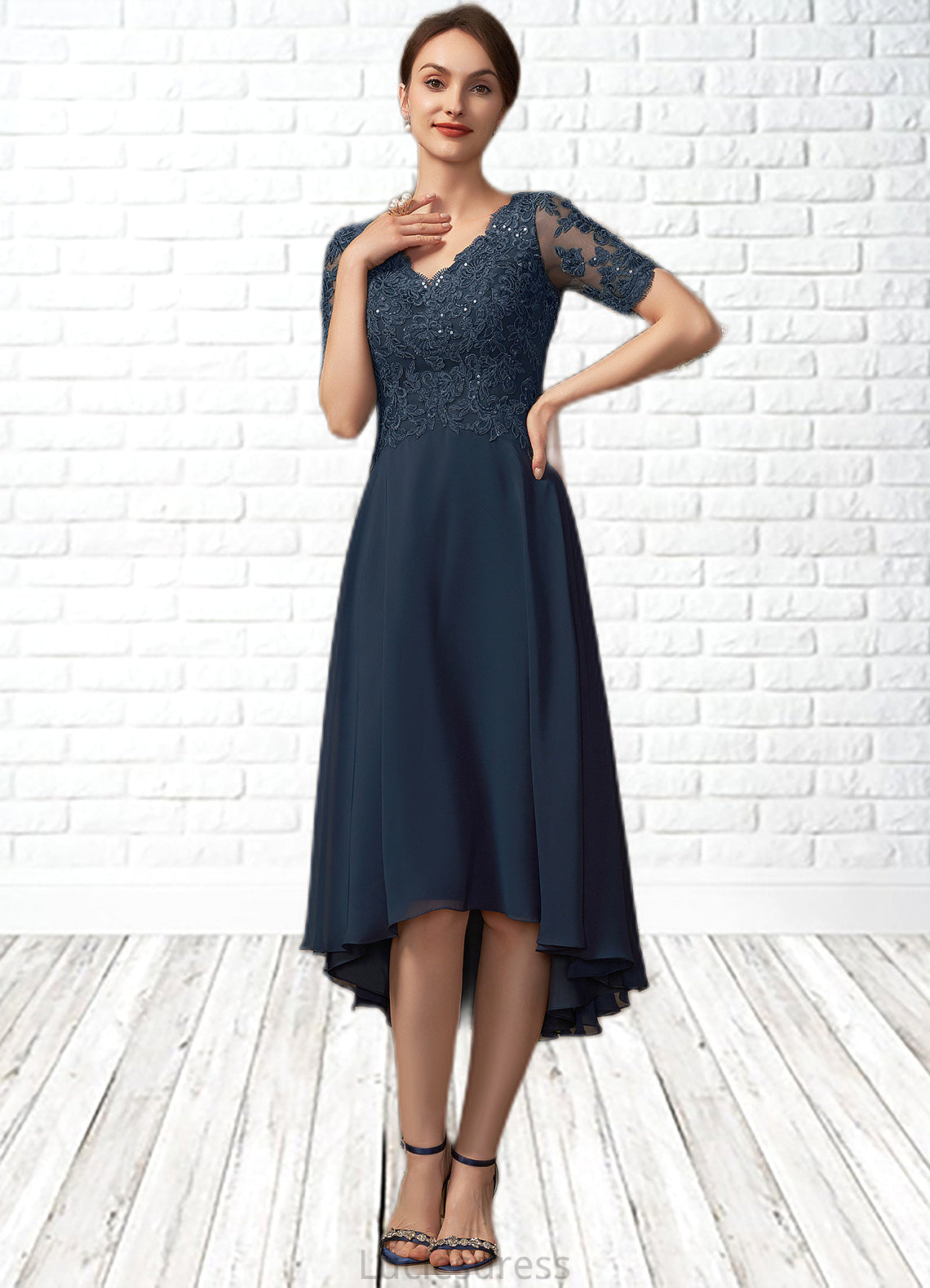 Rosalind A-line V-Neck Asymmetrical Chiffon Lace Mother of the Bride Dress With Sequins HF126P0014686