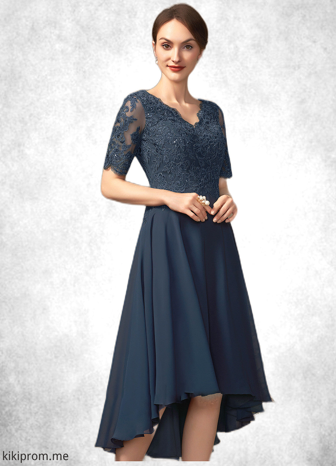 Nova A-line V-Neck Asymmetrical Chiffon Lace Mother of the Bride Dress With Sequins STF126P0014686