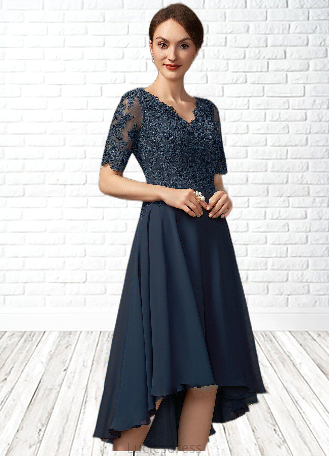 Rosalind A-line V-Neck Asymmetrical Chiffon Lace Mother of the Bride Dress With Sequins HF126P0014686