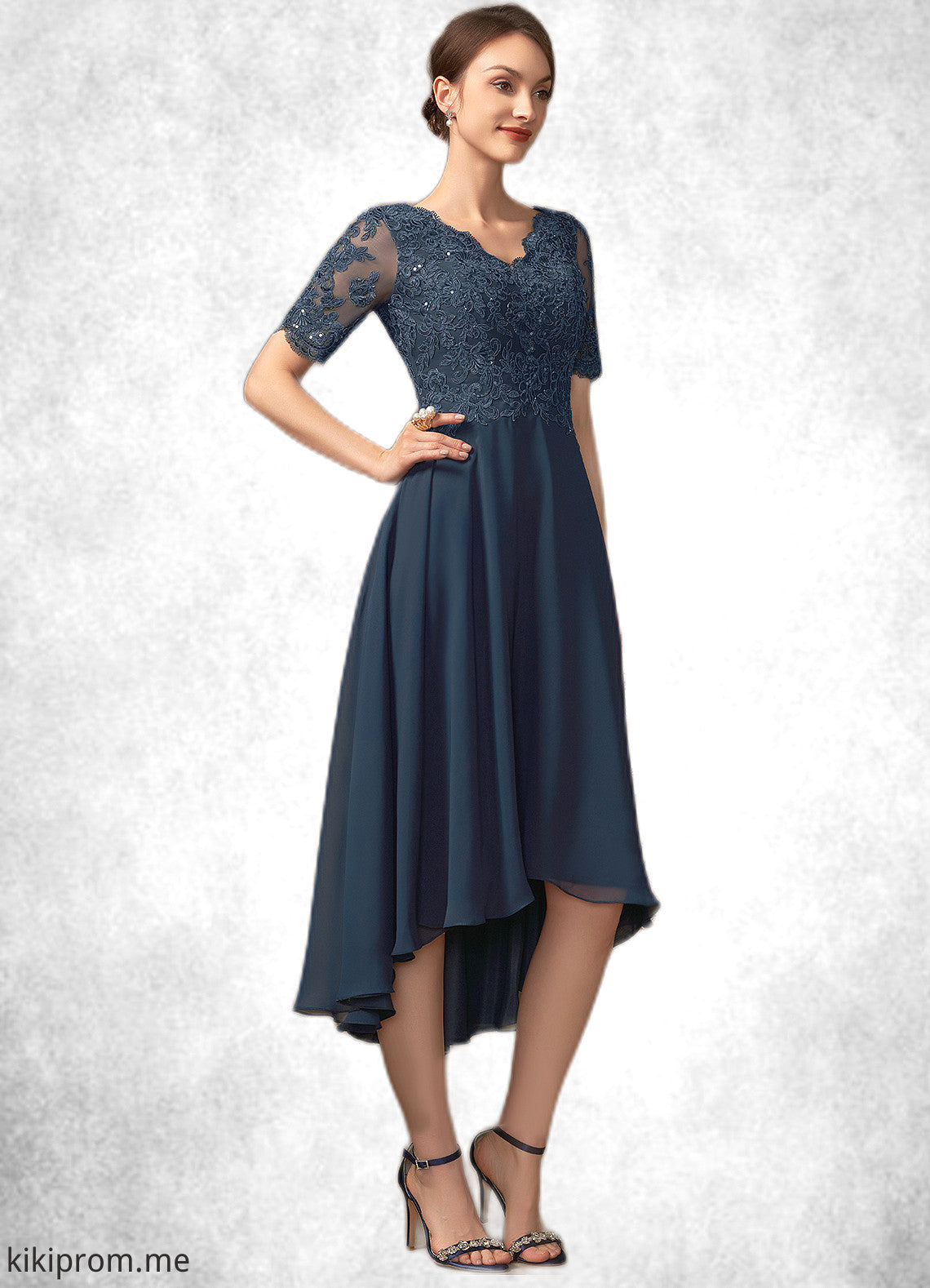 Nova A-line V-Neck Asymmetrical Chiffon Lace Mother of the Bride Dress With Sequins STF126P0014686