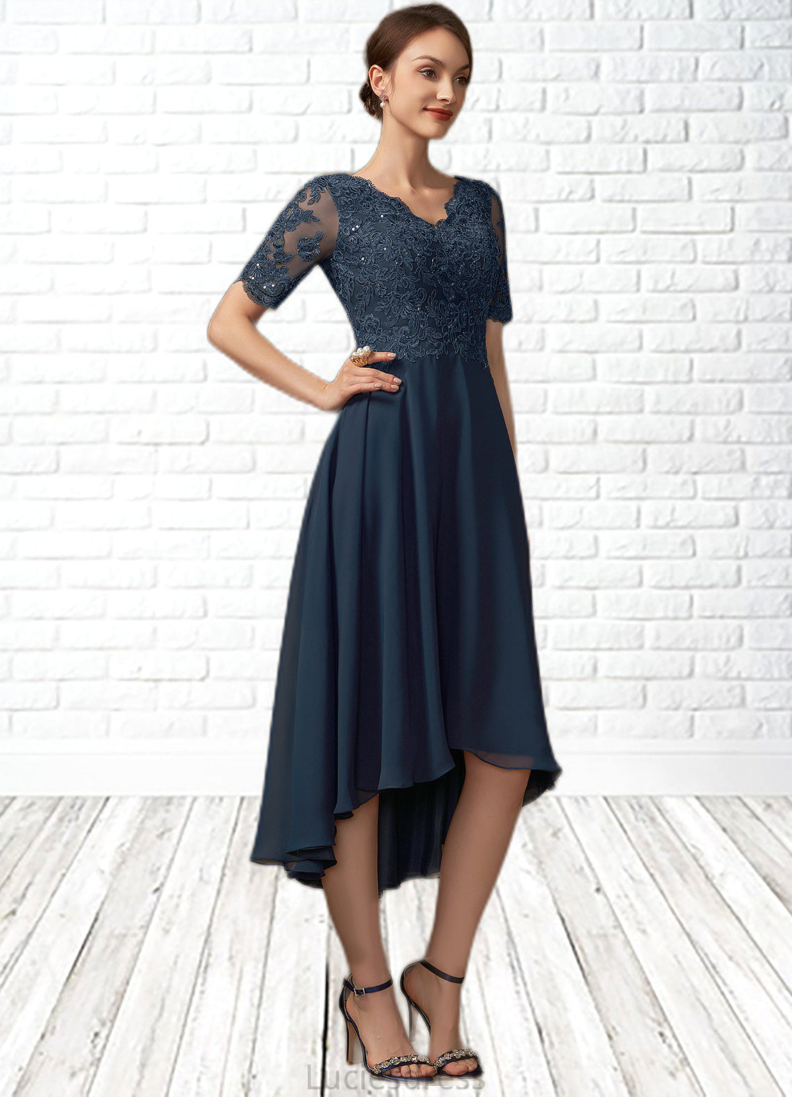 Rosalind A-line V-Neck Asymmetrical Chiffon Lace Mother of the Bride Dress With Sequins HF126P0014686