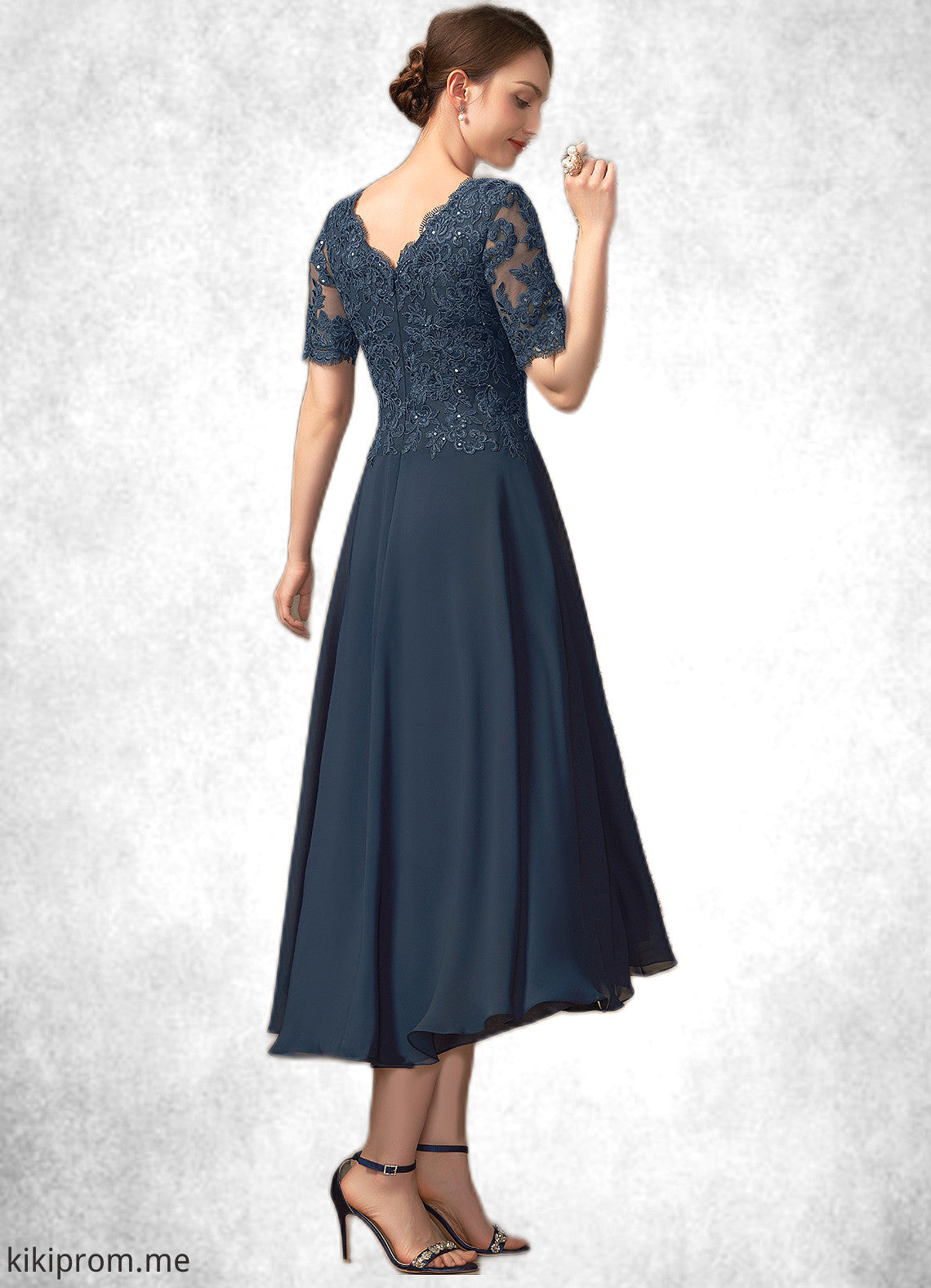 Nova A-line V-Neck Asymmetrical Chiffon Lace Mother of the Bride Dress With Sequins STF126P0014686