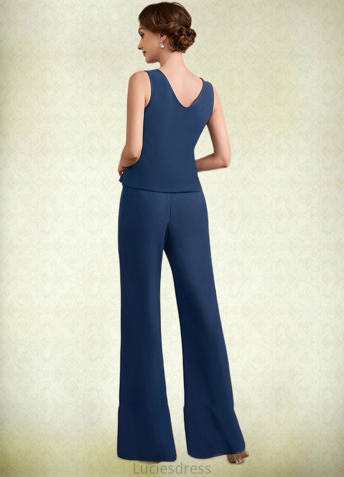 Liliana Jumpsuit/Pantsuit Scoop Neck Floor-Length Chiffon Mother of the Bride Dress With Lace HF126P0014687