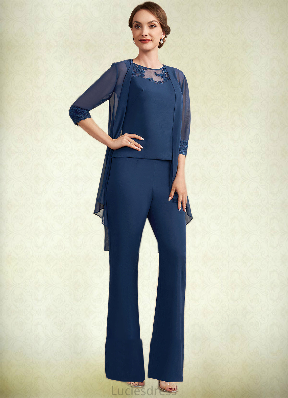 Liliana Jumpsuit/Pantsuit Scoop Neck Floor-Length Chiffon Mother of the Bride Dress With Lace HF126P0014687