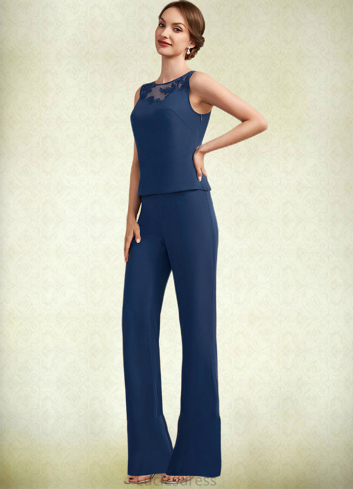 Liliana Jumpsuit/Pantsuit Scoop Neck Floor-Length Chiffon Mother of the Bride Dress With Lace HF126P0014687