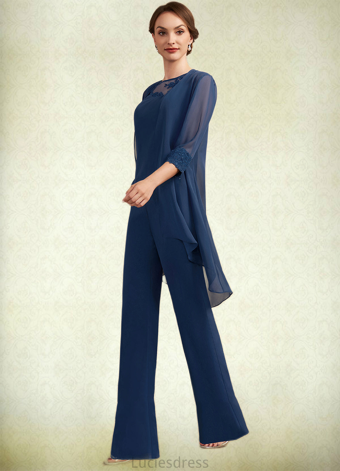 Liliana Jumpsuit/Pantsuit Scoop Neck Floor-Length Chiffon Mother of the Bride Dress With Lace HF126P0014687