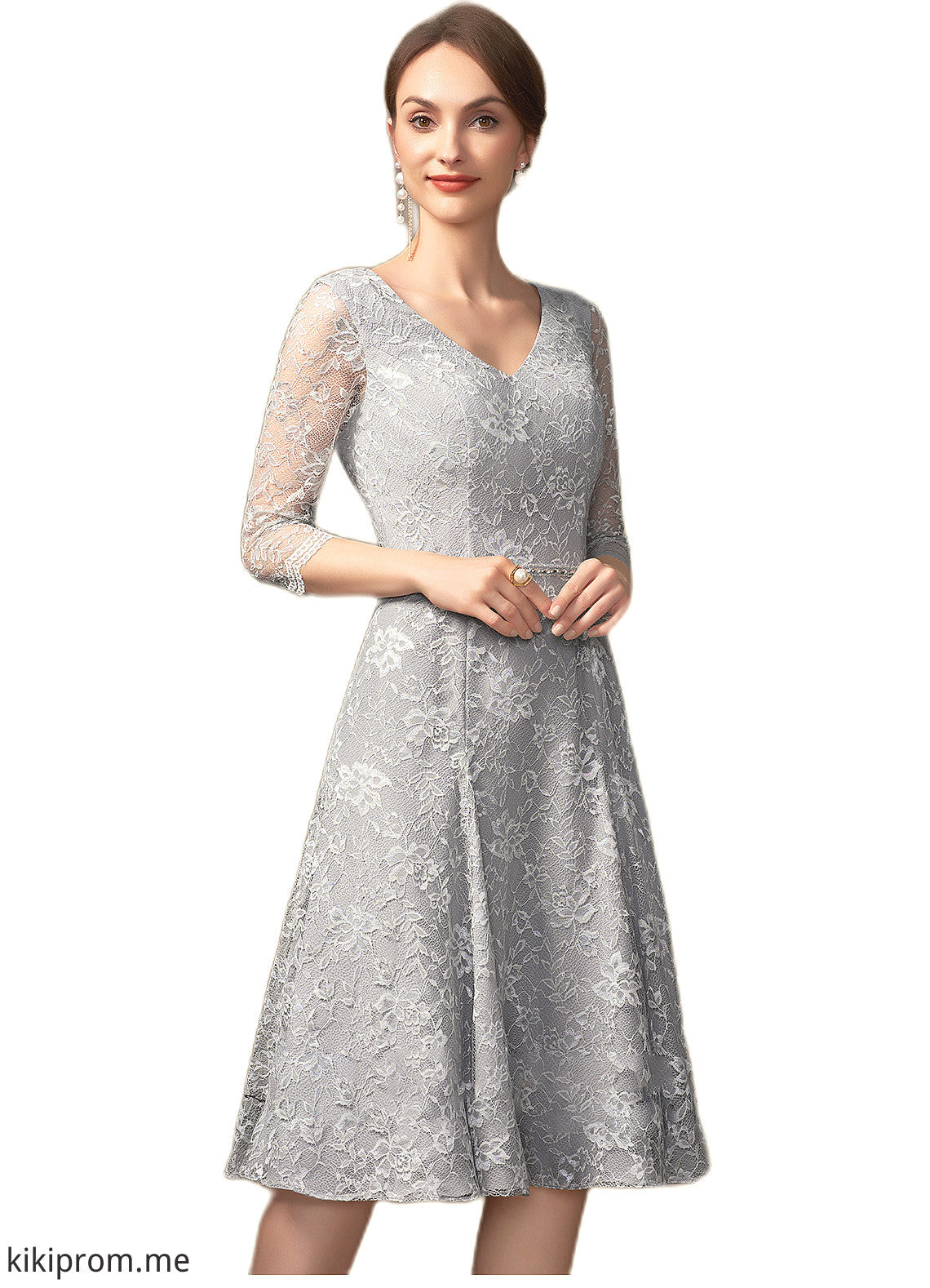 Londyn A-Line V-neck Knee-Length Lace Mother of the Bride Dress With Beading Sequins STF126P0014689