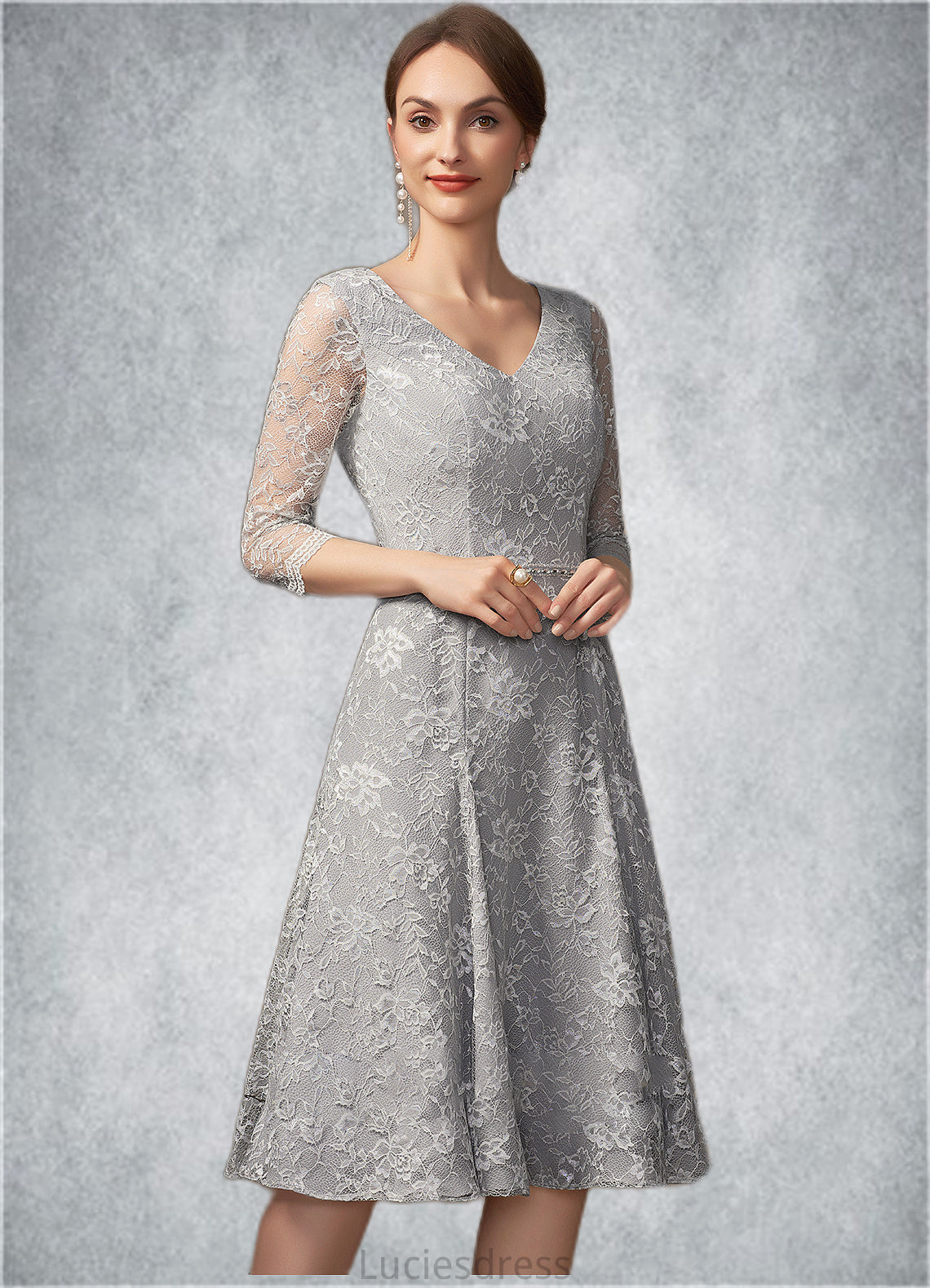 Francesca A-Line V-neck Knee-Length Lace Mother of the Bride Dress With Beading Sequins HF126P0014689