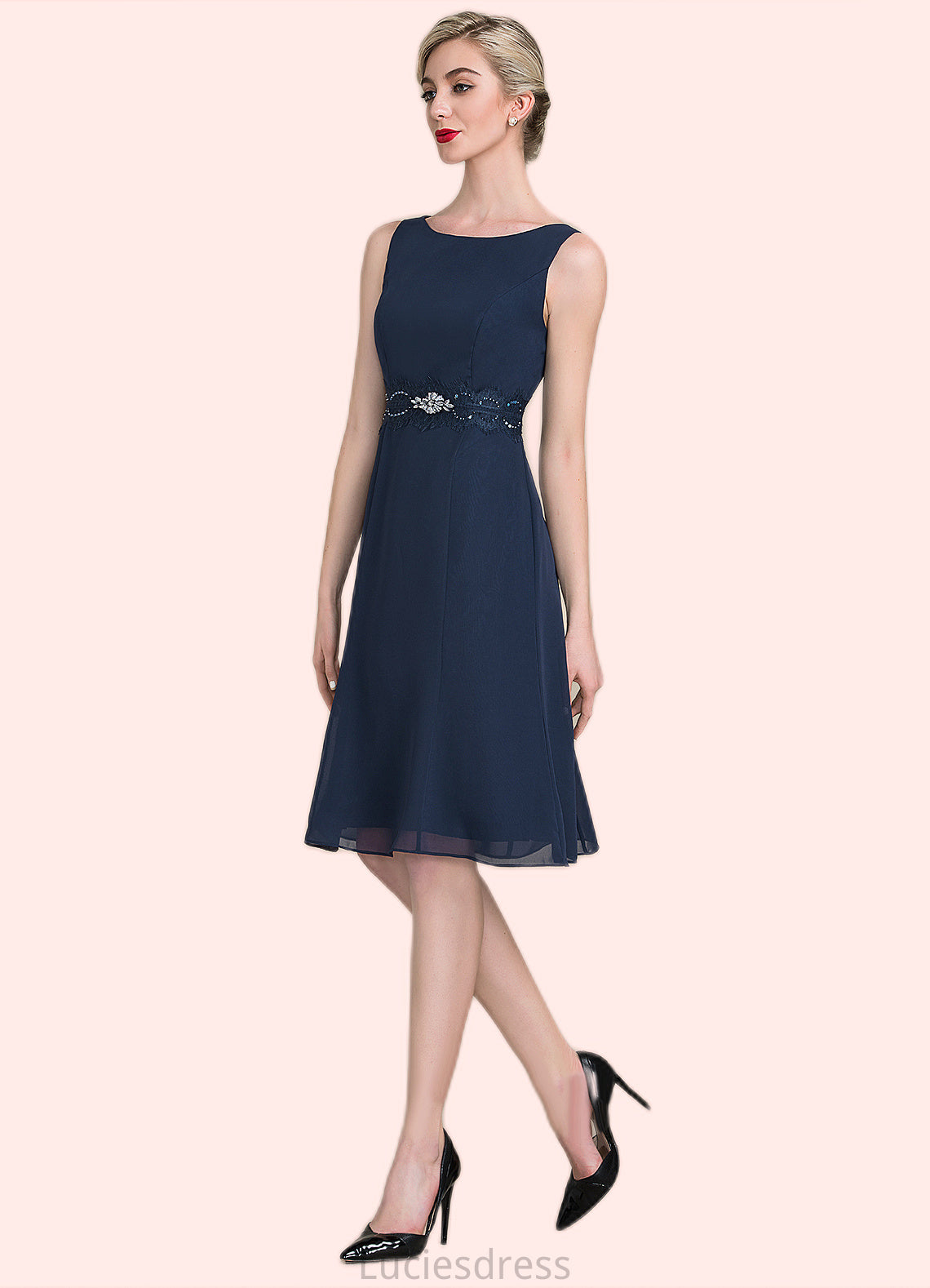 Kennedi A-Line Scoop Neck Knee-Length Chiffon Mother of the Bride Dress With Ruffle Lace Beading Sequins HF126P0014690