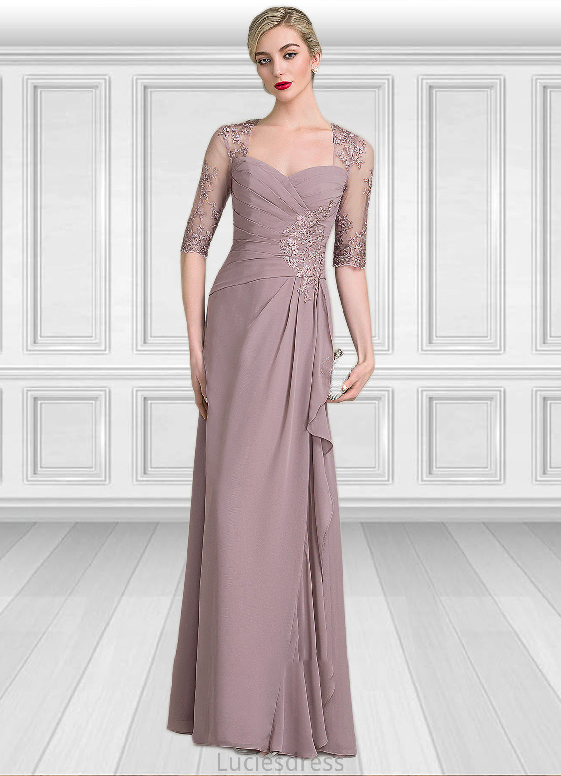 Kaylynn A-Line Sweetheart Floor-Length Chiffon Lace Mother of the Bride Dress With Beading Sequins Cascading Ruffles HF126P0014692