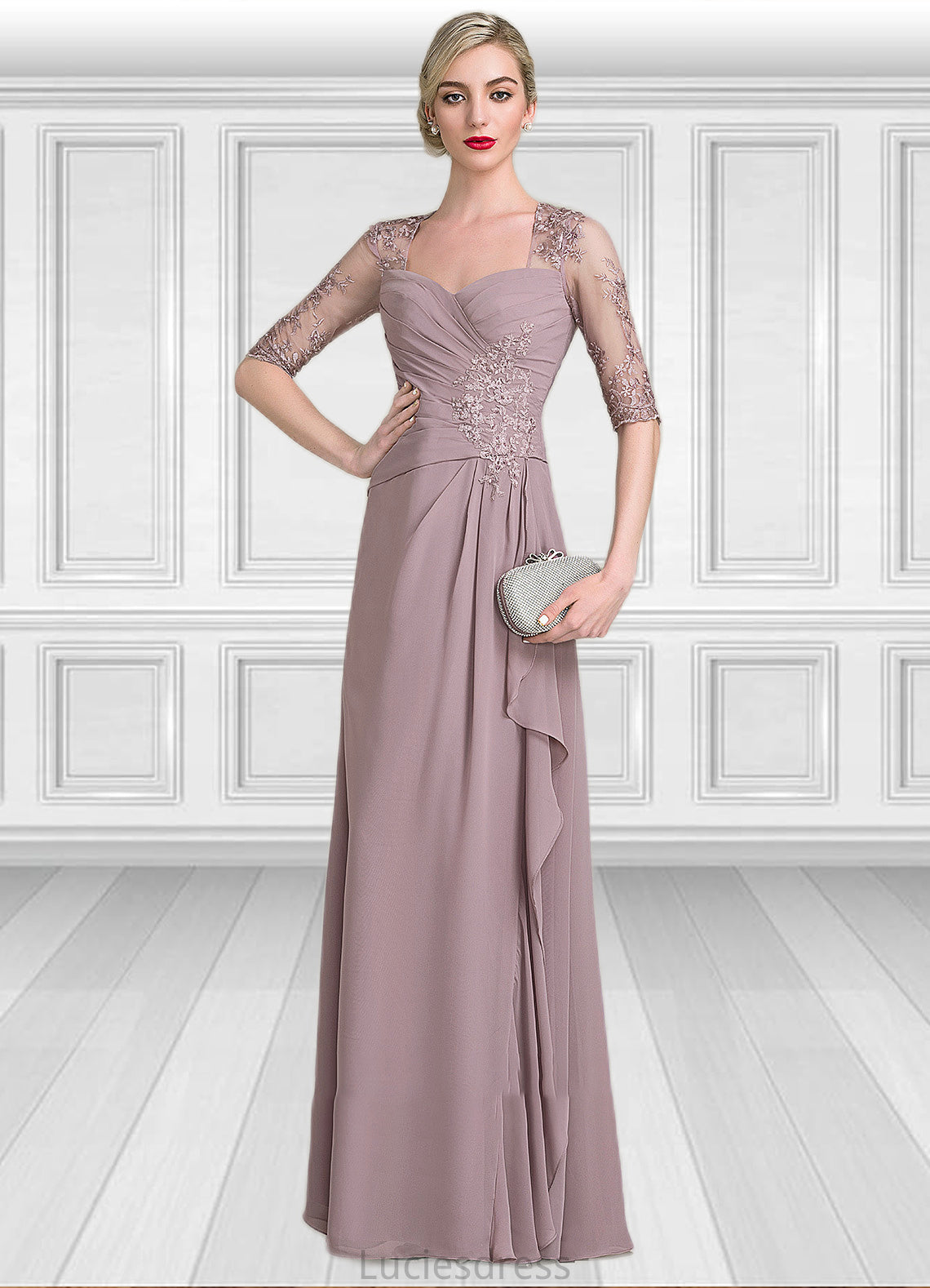 Kaylynn A-Line Sweetheart Floor-Length Chiffon Lace Mother of the Bride Dress With Beading Sequins Cascading Ruffles HF126P0014692