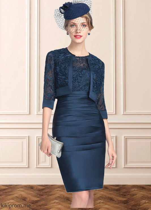 Eliza Sheath/Column Scoop Neck Knee-Length Satin Lace Mother of the Bride Dress With Ruffle STF126P0014693