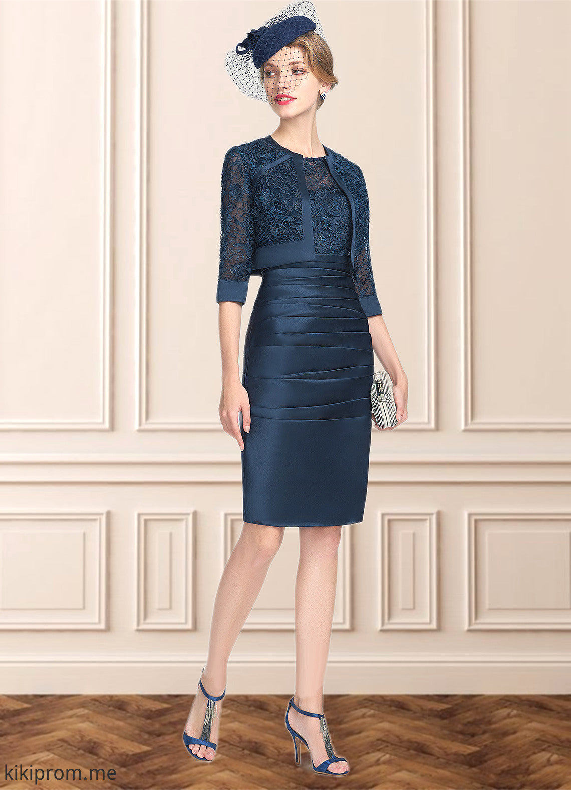 Eliza Sheath/Column Scoop Neck Knee-Length Satin Lace Mother of the Bride Dress With Ruffle STF126P0014693