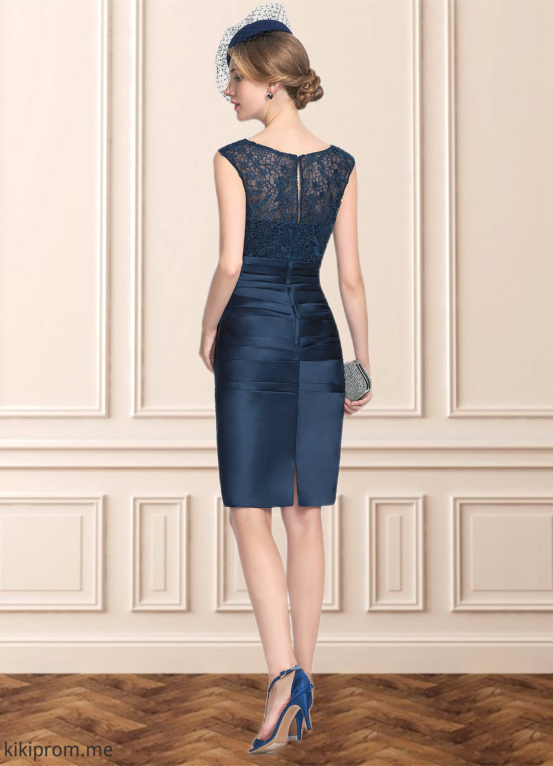 Eliza Sheath/Column Scoop Neck Knee-Length Satin Lace Mother of the Bride Dress With Ruffle STF126P0014693