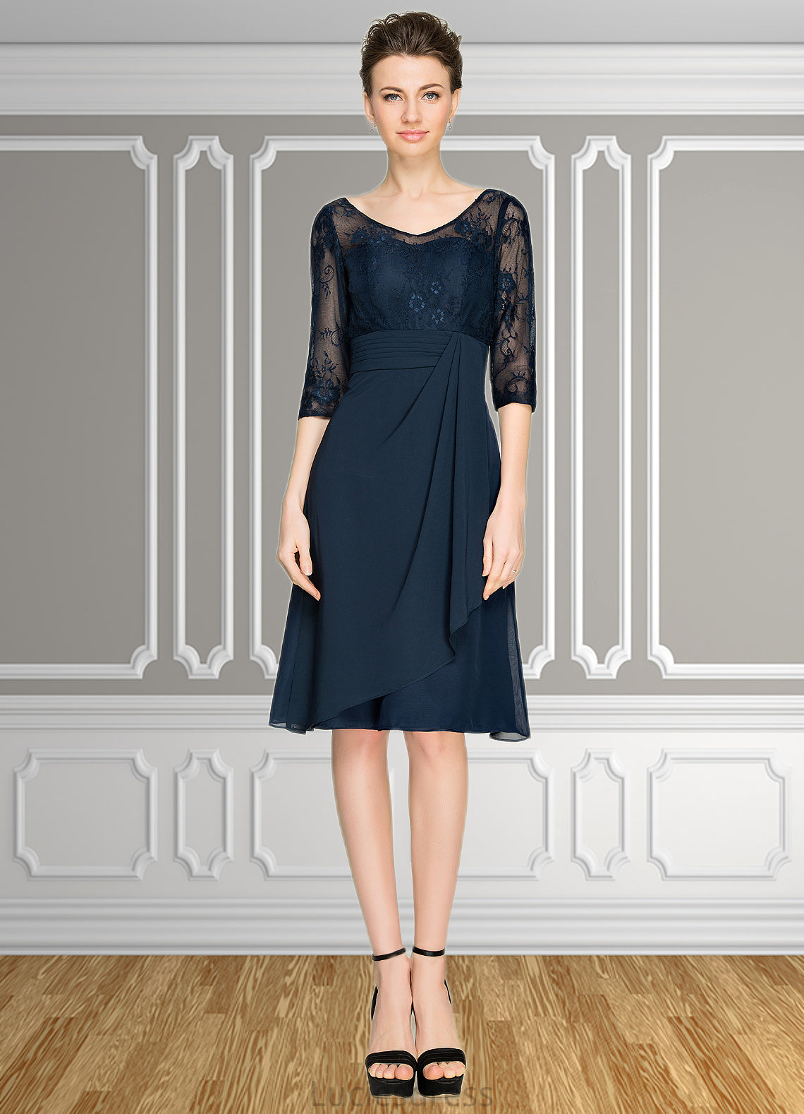 Madeleine A-Line V-neck Knee-Length Chiffon Lace Mother of the Bride Dress With Cascading Ruffles HF126P0014695