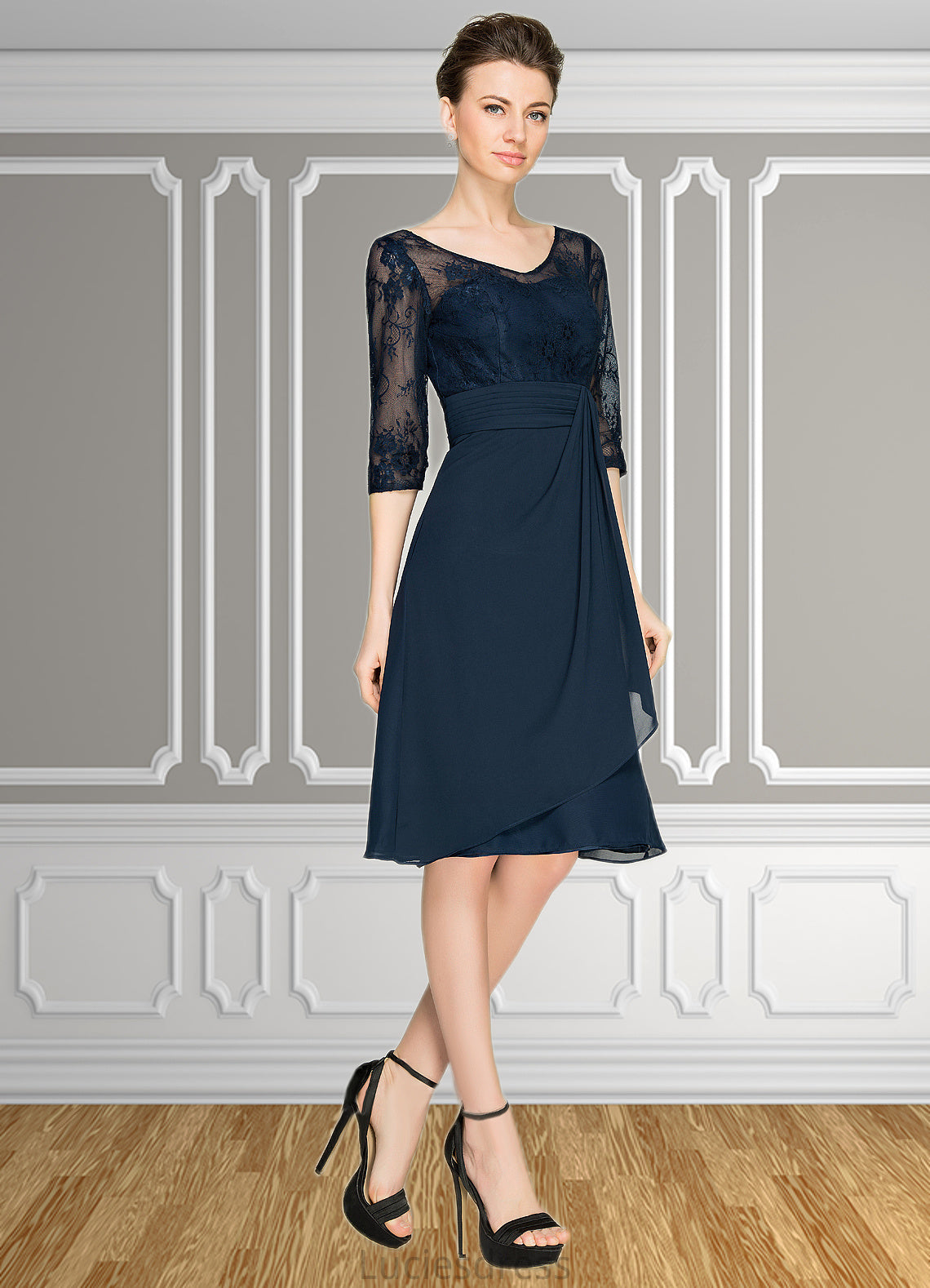 Madeleine A-Line V-neck Knee-Length Chiffon Lace Mother of the Bride Dress With Cascading Ruffles HF126P0014695