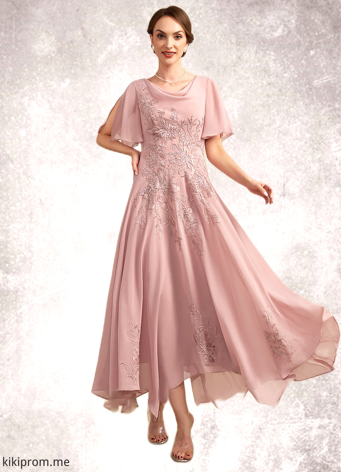 Claudia A-Line Cowl Neck Ankle-Length Chiffon Lace Mother of the Bride Dress STF126P0014696