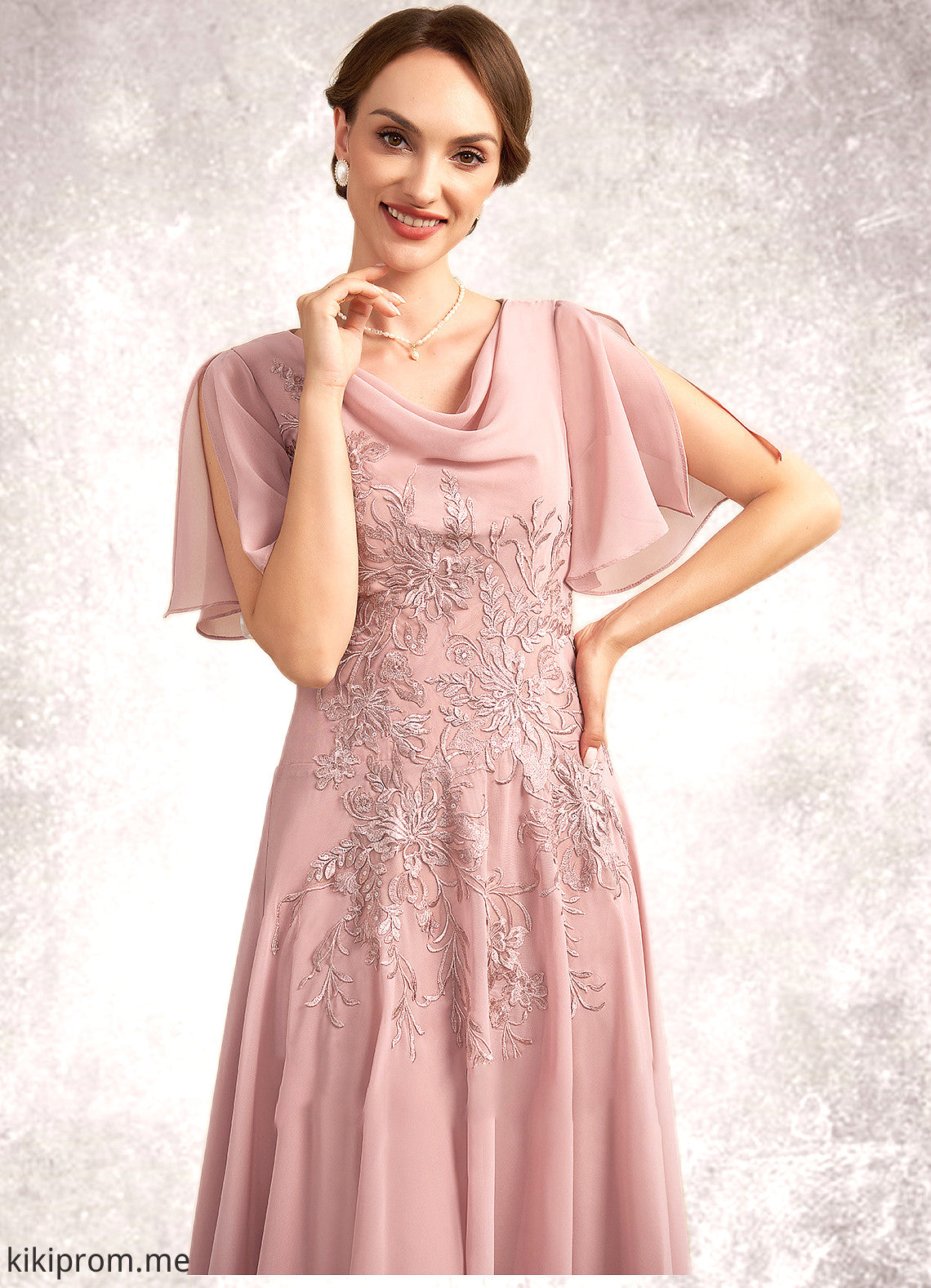 Claudia A-Line Cowl Neck Ankle-Length Chiffon Lace Mother of the Bride Dress STF126P0014696