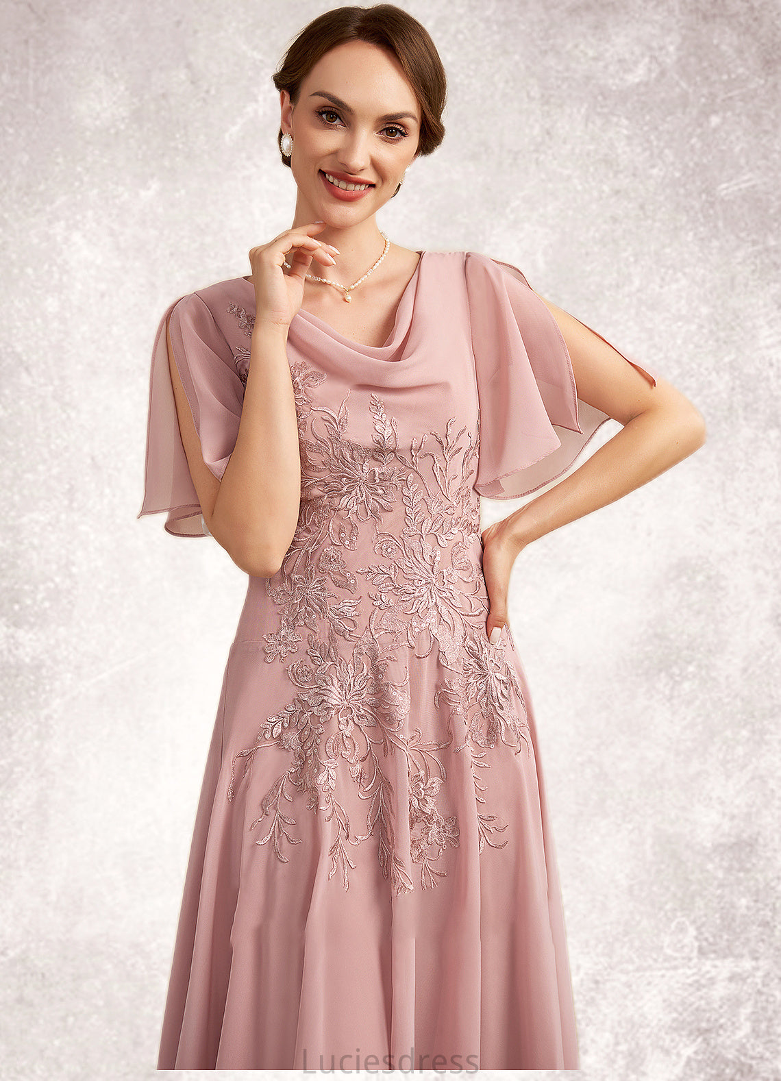 Mya A-Line Cowl Neck Ankle-Length Chiffon Lace Mother of the Bride Dress HF126P0014696