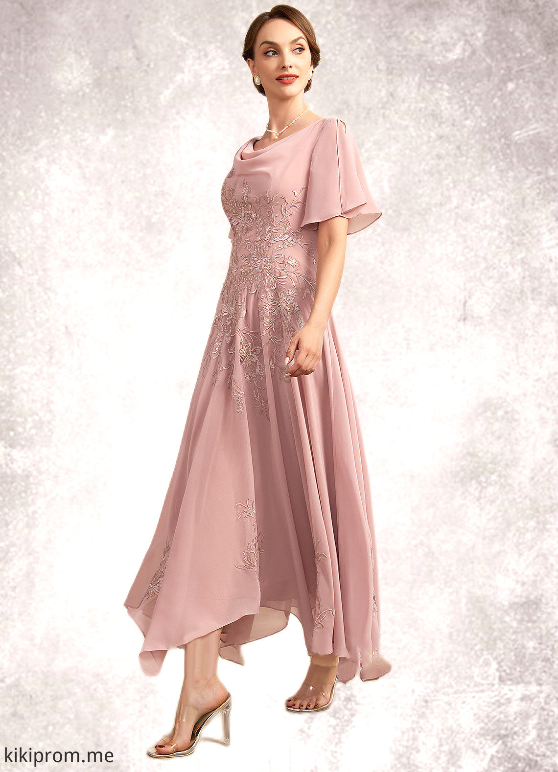 Claudia A-Line Cowl Neck Ankle-Length Chiffon Lace Mother of the Bride Dress STF126P0014696