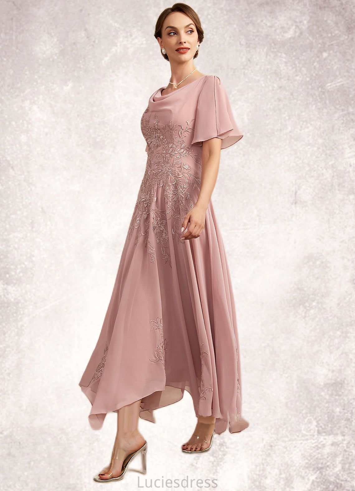 Mya A-Line Cowl Neck Ankle-Length Chiffon Lace Mother of the Bride Dress HF126P0014696