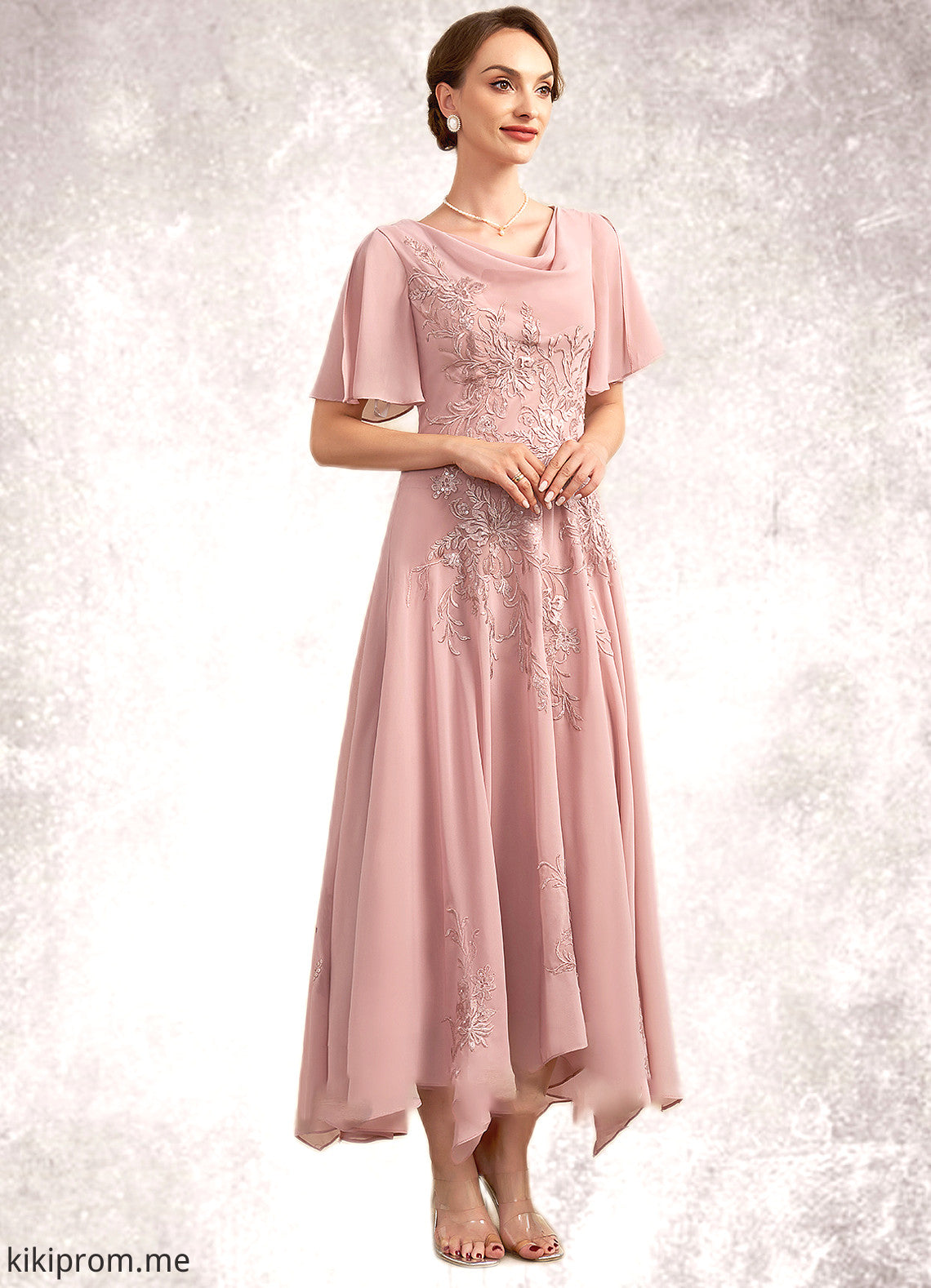 Claudia A-Line Cowl Neck Ankle-Length Chiffon Lace Mother of the Bride Dress STF126P0014696