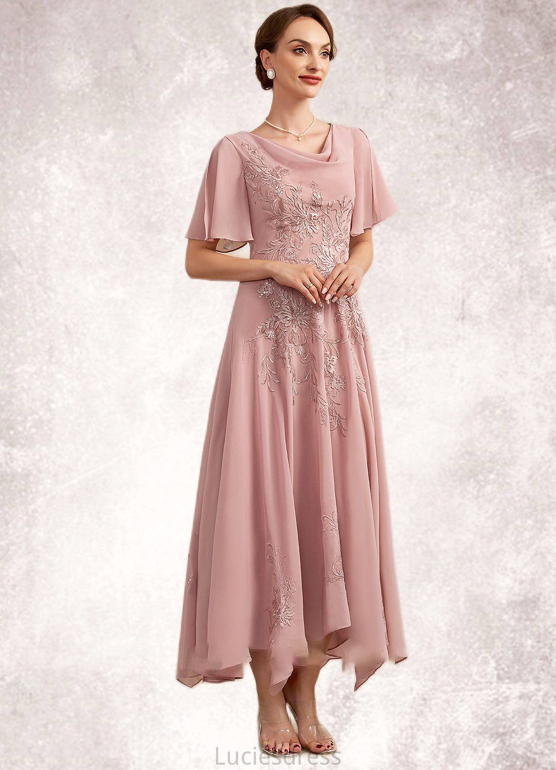 Mya A-Line Cowl Neck Ankle-Length Chiffon Lace Mother of the Bride Dress HF126P0014696