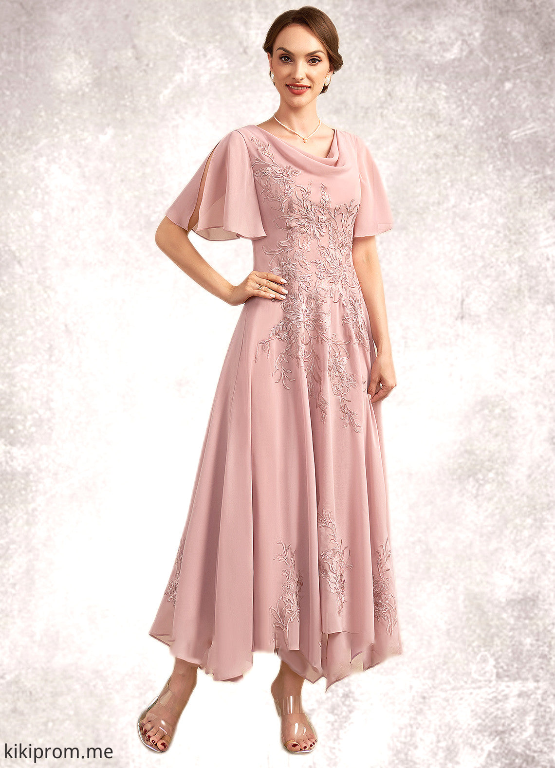 Claudia A-Line Cowl Neck Ankle-Length Chiffon Lace Mother of the Bride Dress STF126P0014696