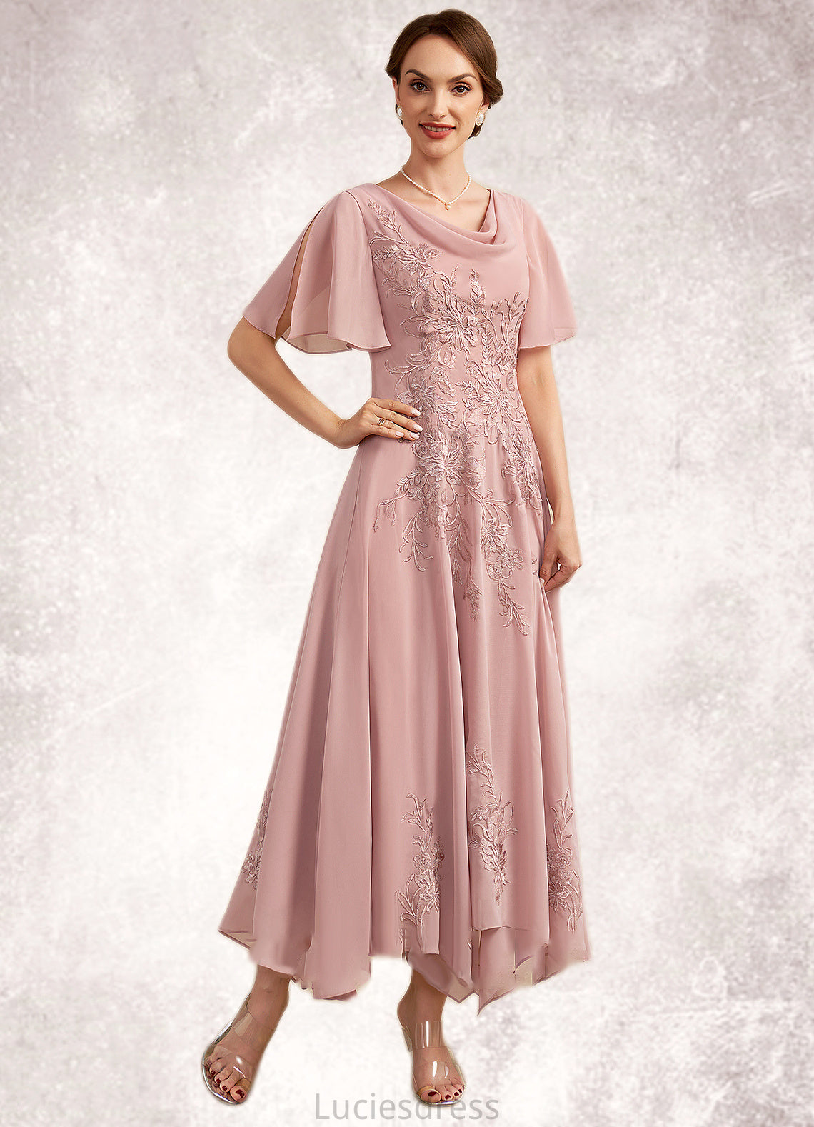 Mya A-Line Cowl Neck Ankle-Length Chiffon Lace Mother of the Bride Dress HF126P0014696