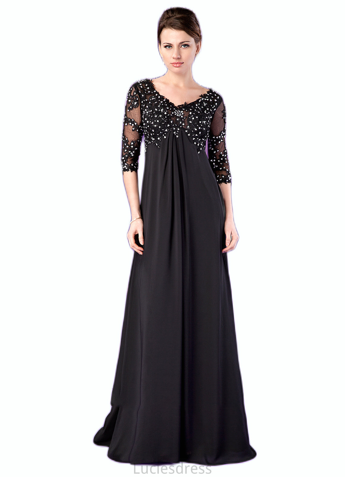 Aleah Empire V-neck Sweep Train Chiffon Mother of the Bride Dress With Lace Beading HF126P0014697