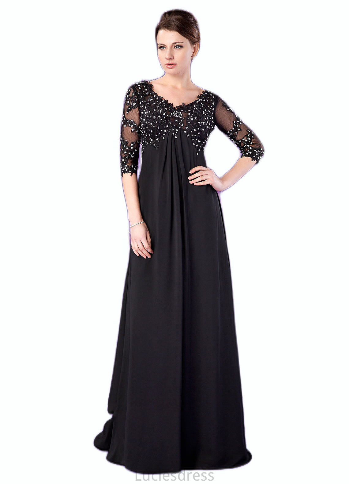 Aleah Empire V-neck Sweep Train Chiffon Mother of the Bride Dress With Lace Beading HF126P0014697