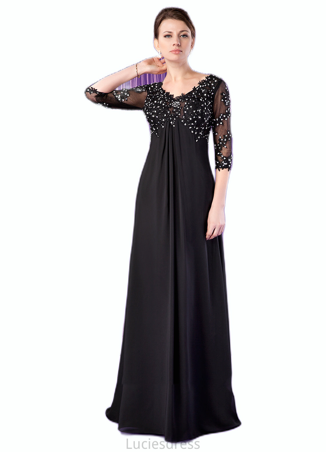 Aleah Empire V-neck Sweep Train Chiffon Mother of the Bride Dress With Lace Beading HF126P0014697