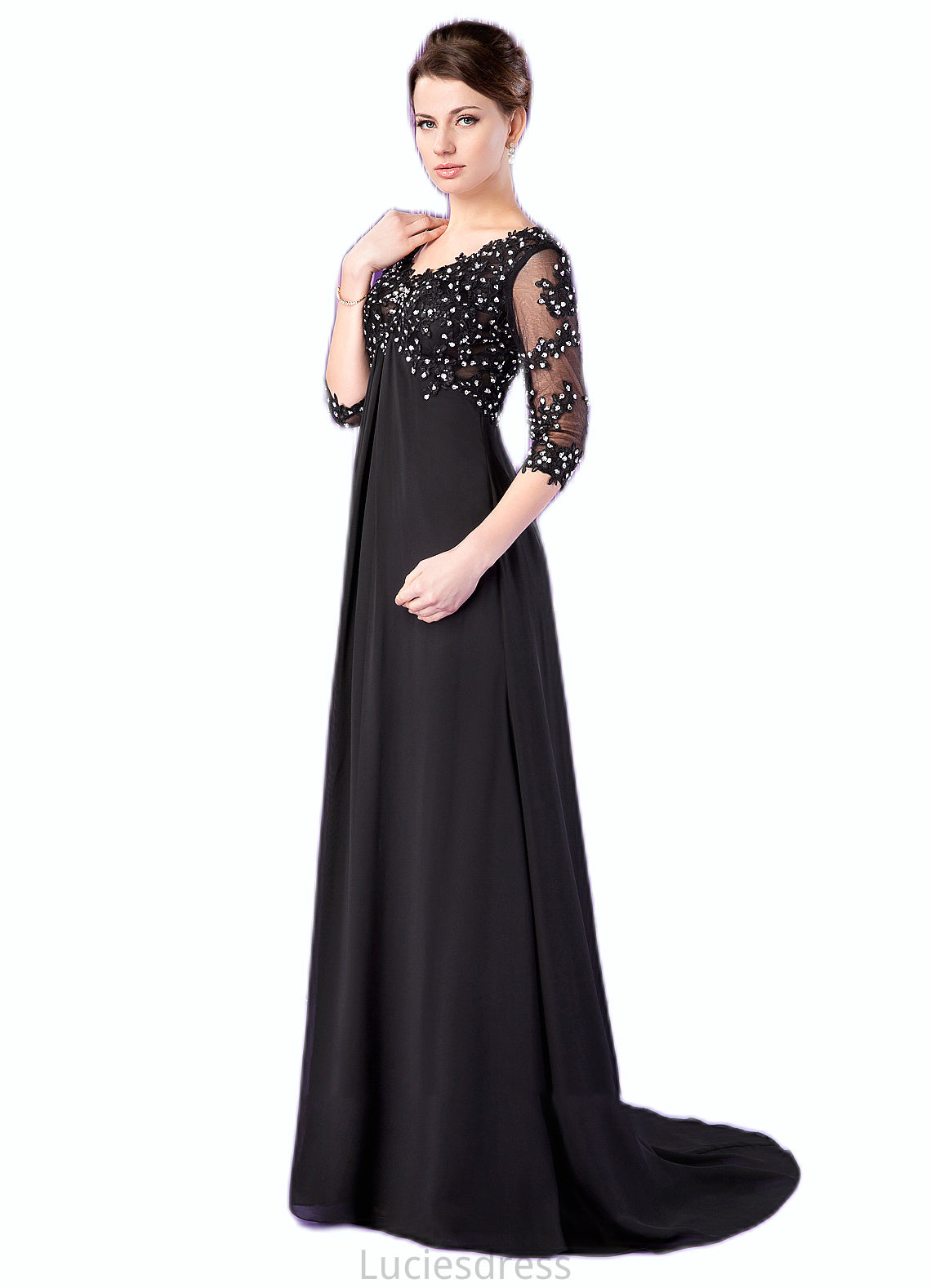 Aleah Empire V-neck Sweep Train Chiffon Mother of the Bride Dress With Lace Beading HF126P0014697