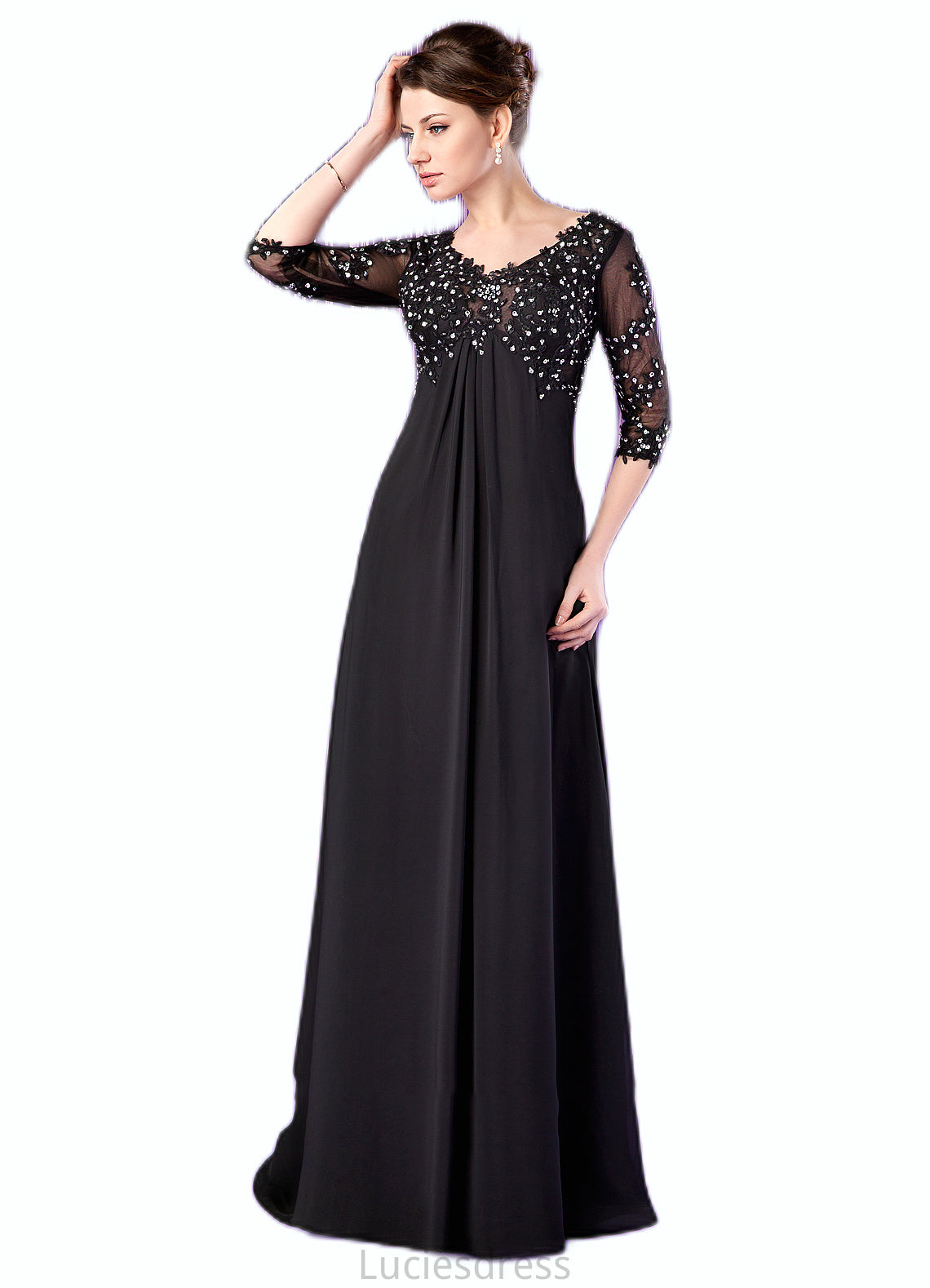 Aleah Empire V-neck Sweep Train Chiffon Mother of the Bride Dress With Lace Beading HF126P0014697