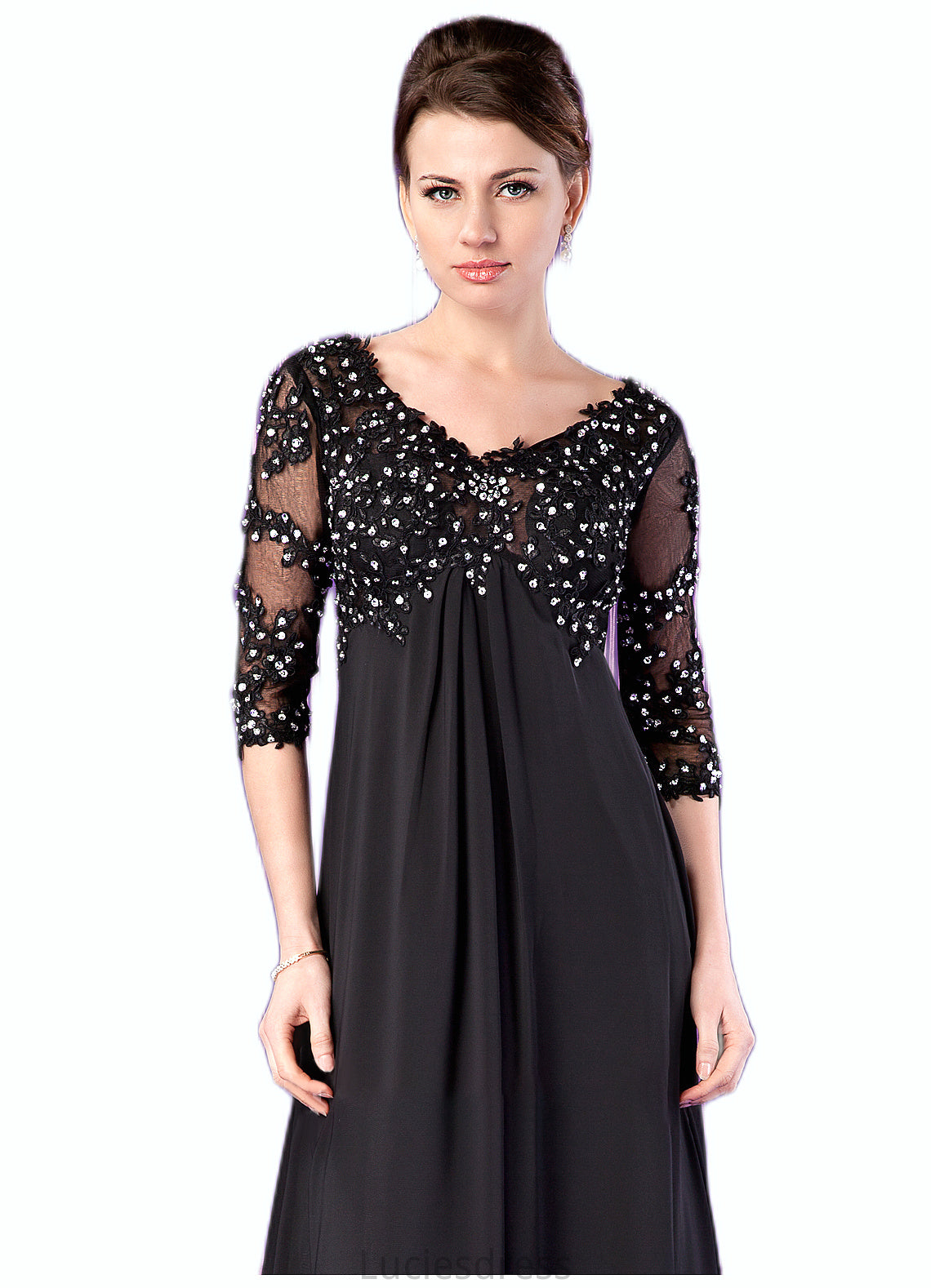 Aleah Empire V-neck Sweep Train Chiffon Mother of the Bride Dress With Lace Beading HF126P0014697