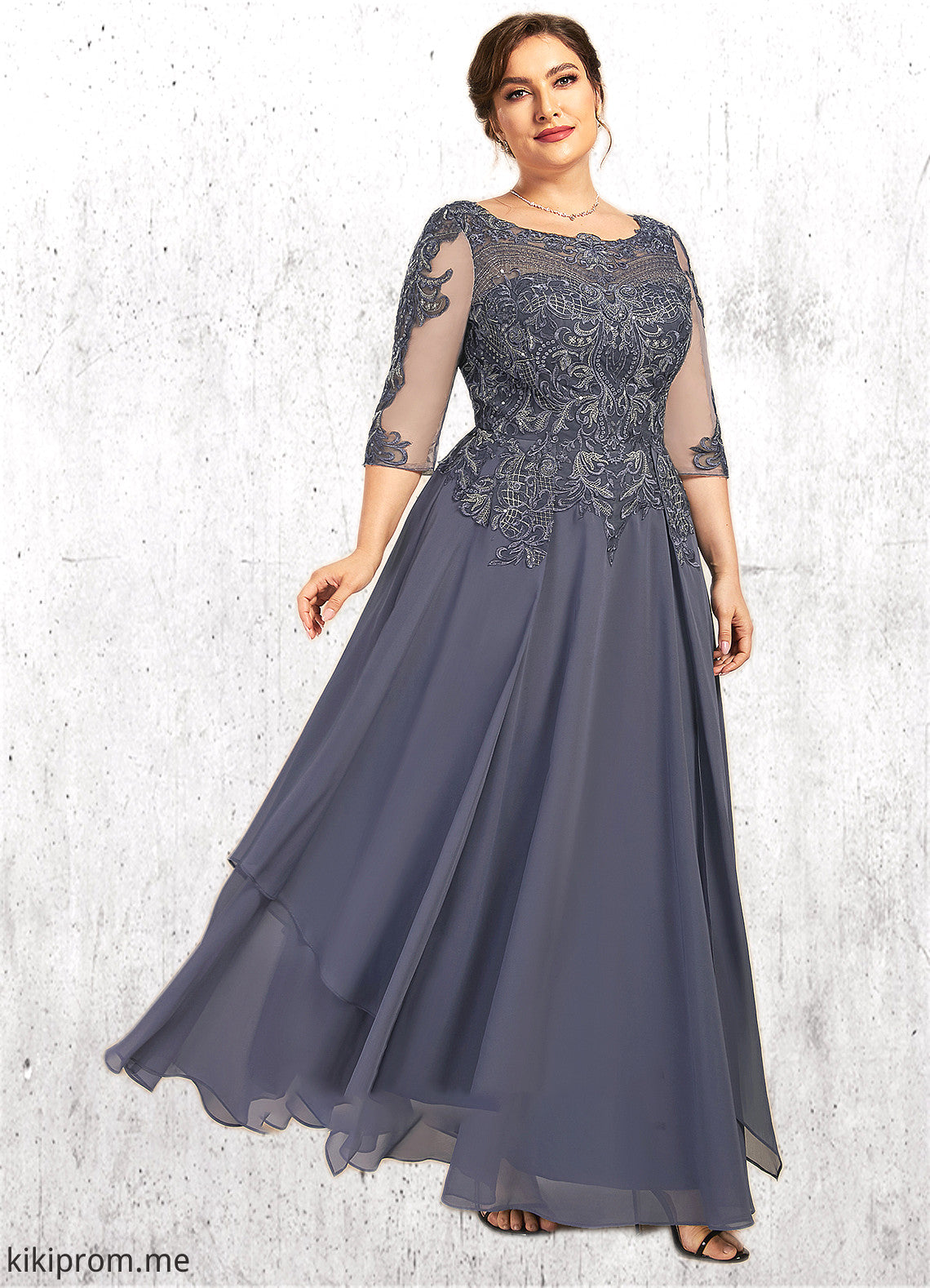 Journey A-Line Scoop Neck Ankle-Length Chiffon Lace Mother of the Bride Dress With Cascading Ruffles STF126P0014698