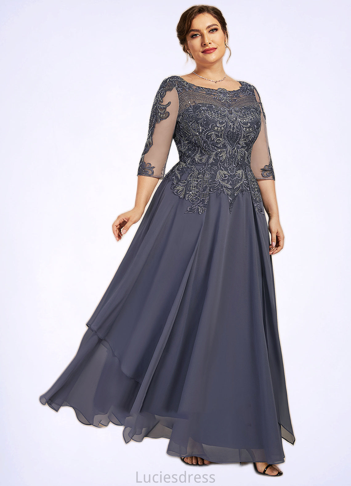 Isabella A-Line Scoop Neck Ankle-Length Chiffon Lace Mother of the Bride Dress With Cascading Ruffles HF126P0014698