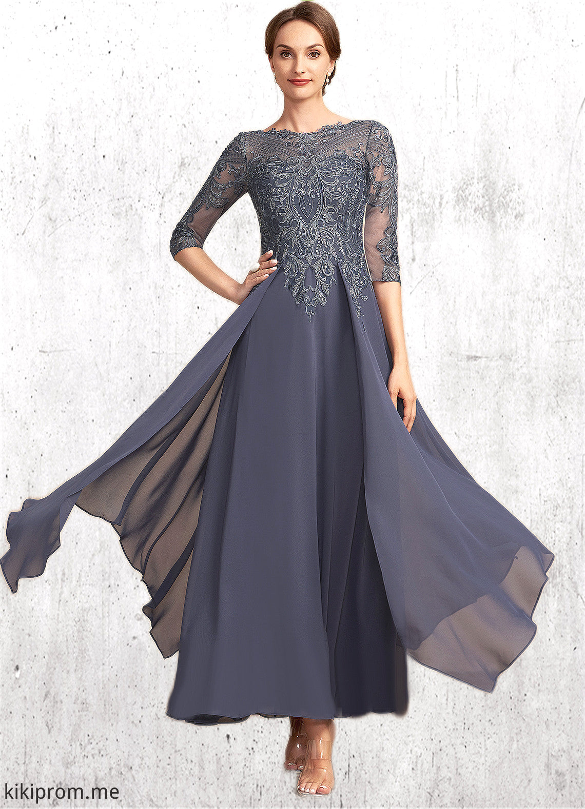 Journey A-Line Scoop Neck Ankle-Length Chiffon Lace Mother of the Bride Dress With Cascading Ruffles STF126P0014698